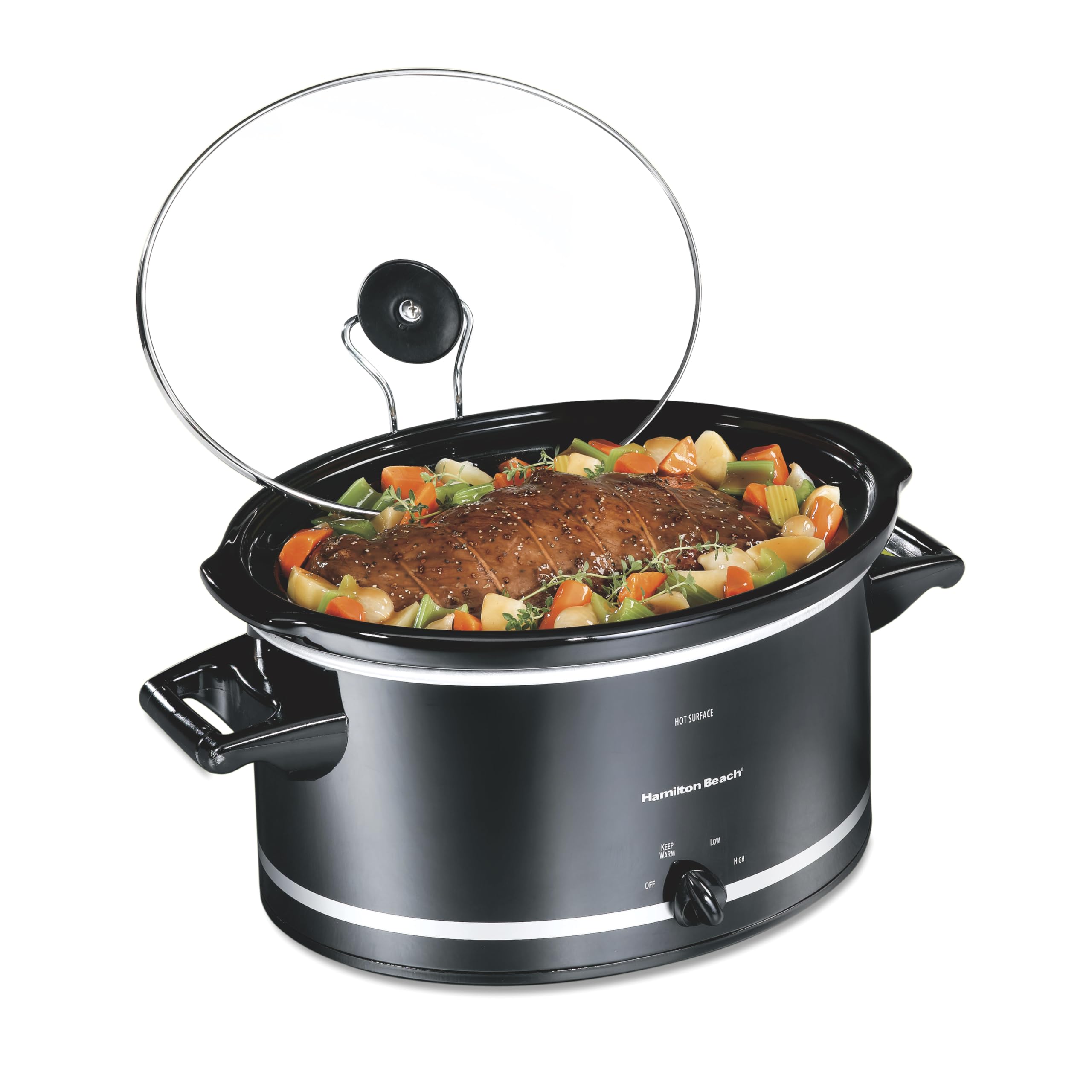 Hamilton Beach Slow Cooker with 3 Cooking Settings, Dishwasher-Safe Stoneware Crock & Glass, 8-Quart Built-In Lid Rest, Black product image