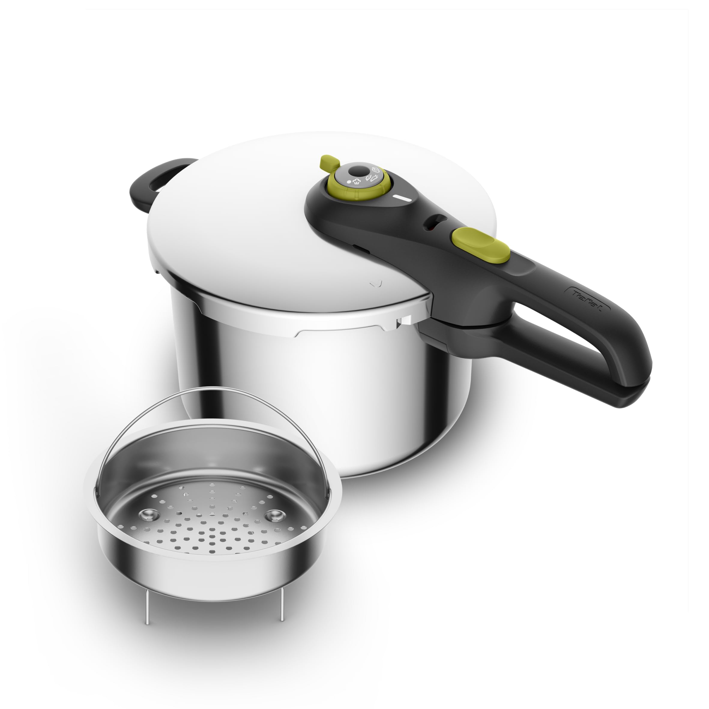 T-Fal Secure Stainless Steel Pressure Cooker, 6.3 Quart, Steam Basket, Induction, Secure Locking System, Easy and Safe Opening, Compatible with All Cooktops, Dishwasher Safe, Silver product image