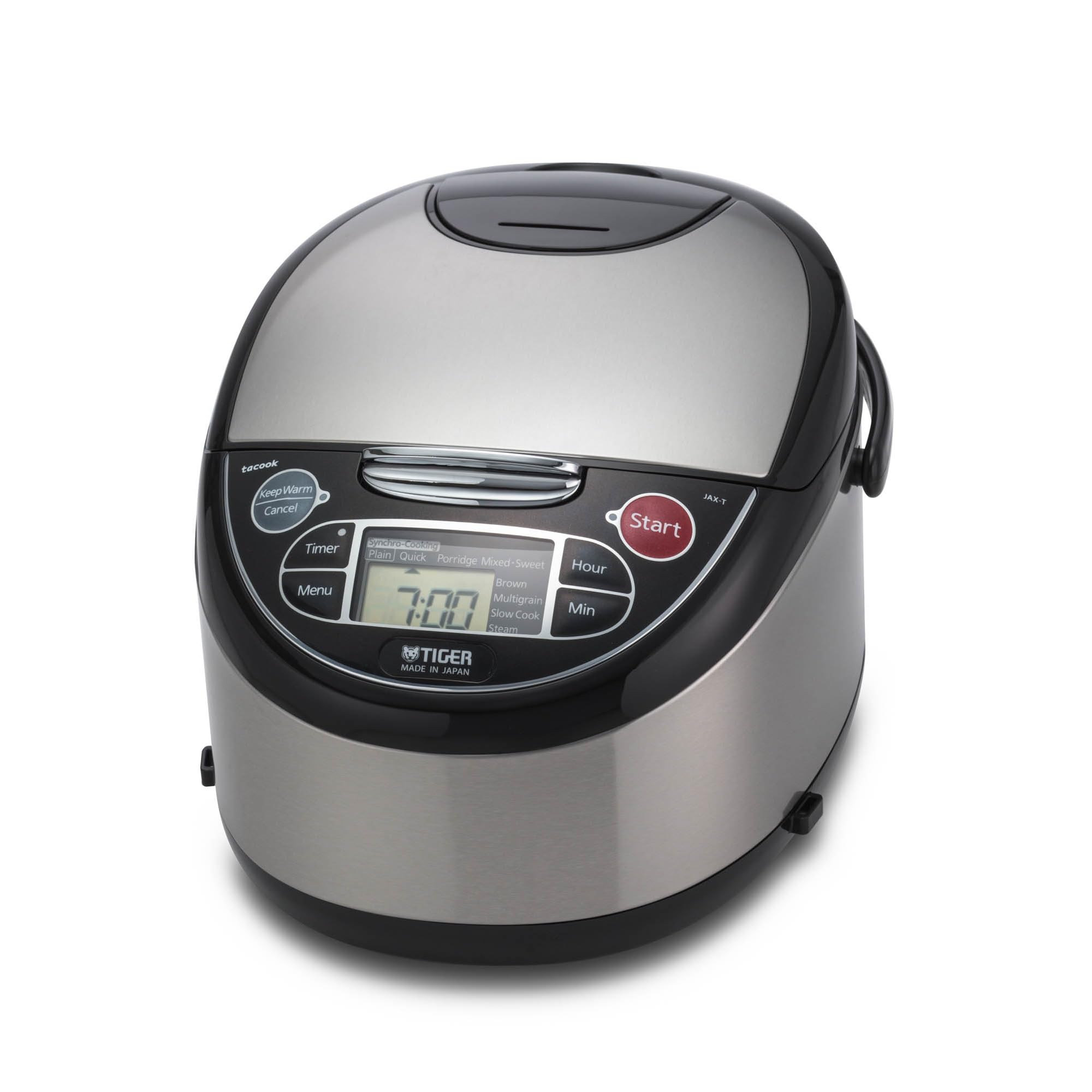 TIGER JAX-T10U-K 5.5-Cup Uncooked Micom Rice Cooker and Warmer with Tacook Food Steamer Cooking Tray Technology and 10 Auto-Cook Settings, Stainless Steel Black product image