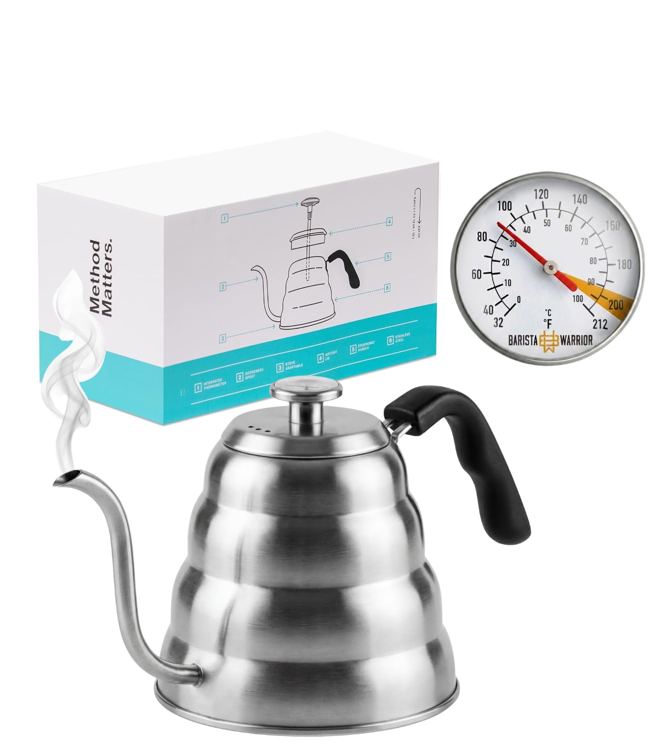 Barista Warrior Gooseneck Kettle with Thermometer - 1.2L Pour Over Coffee & Tea Kettle, 18/8 Stainless Steel Gooseneck Kettle Pot, Precision Pour Drip Spout, Suitable for All-Stoves 40 fl oz product image