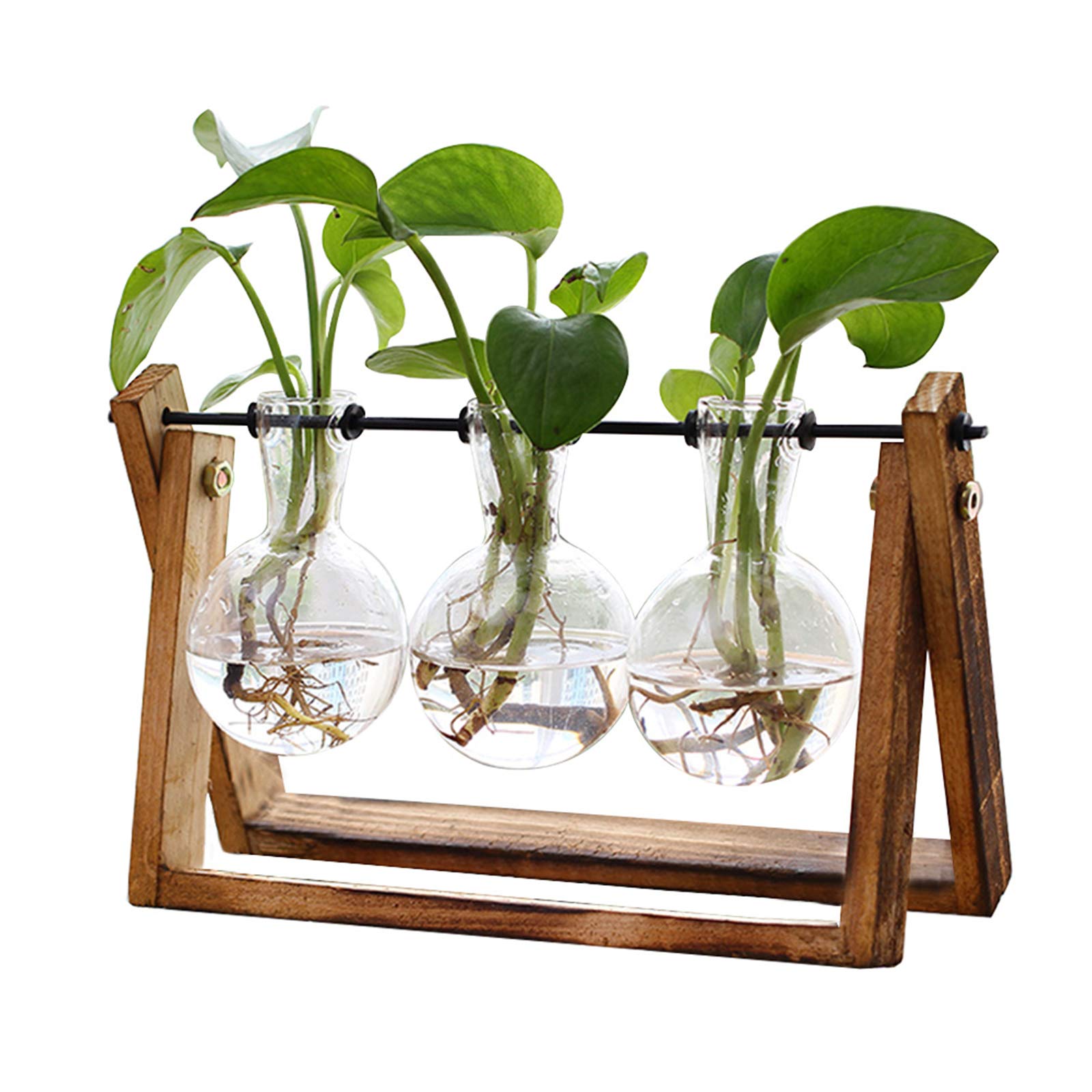 XXXFLOWER Plant Terrarium with Wooden Stand, Air Planter Bulb Glass Vase Metal Swivel Holder Retro Tabletop for Hydroponics Home Garden Office Decoration - 3 Bulb Vase product image