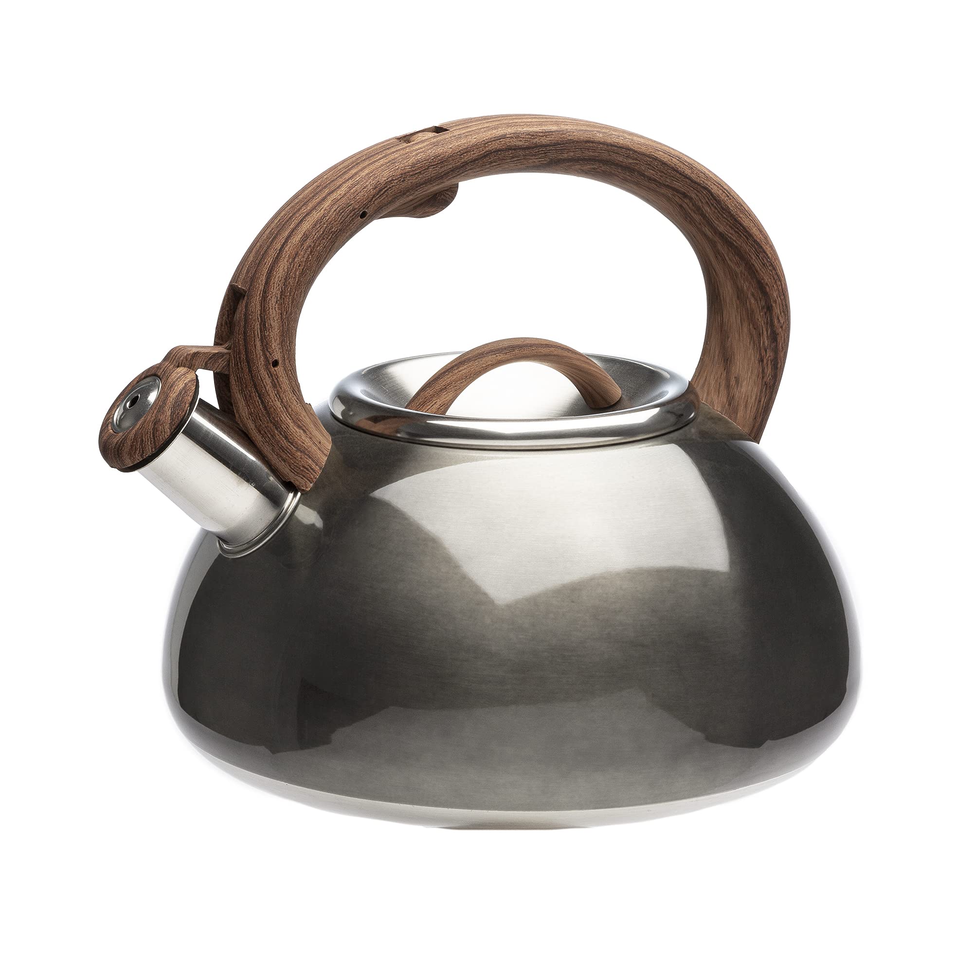 Primula Avalon Whistling Stovetop Tea Kettle, Food Grade Stainless Steel Wide Mouth, Fast to Boil, Cool Touch Handle, 2.5-Quart, Gunmetal Grey and Wood-Look product image