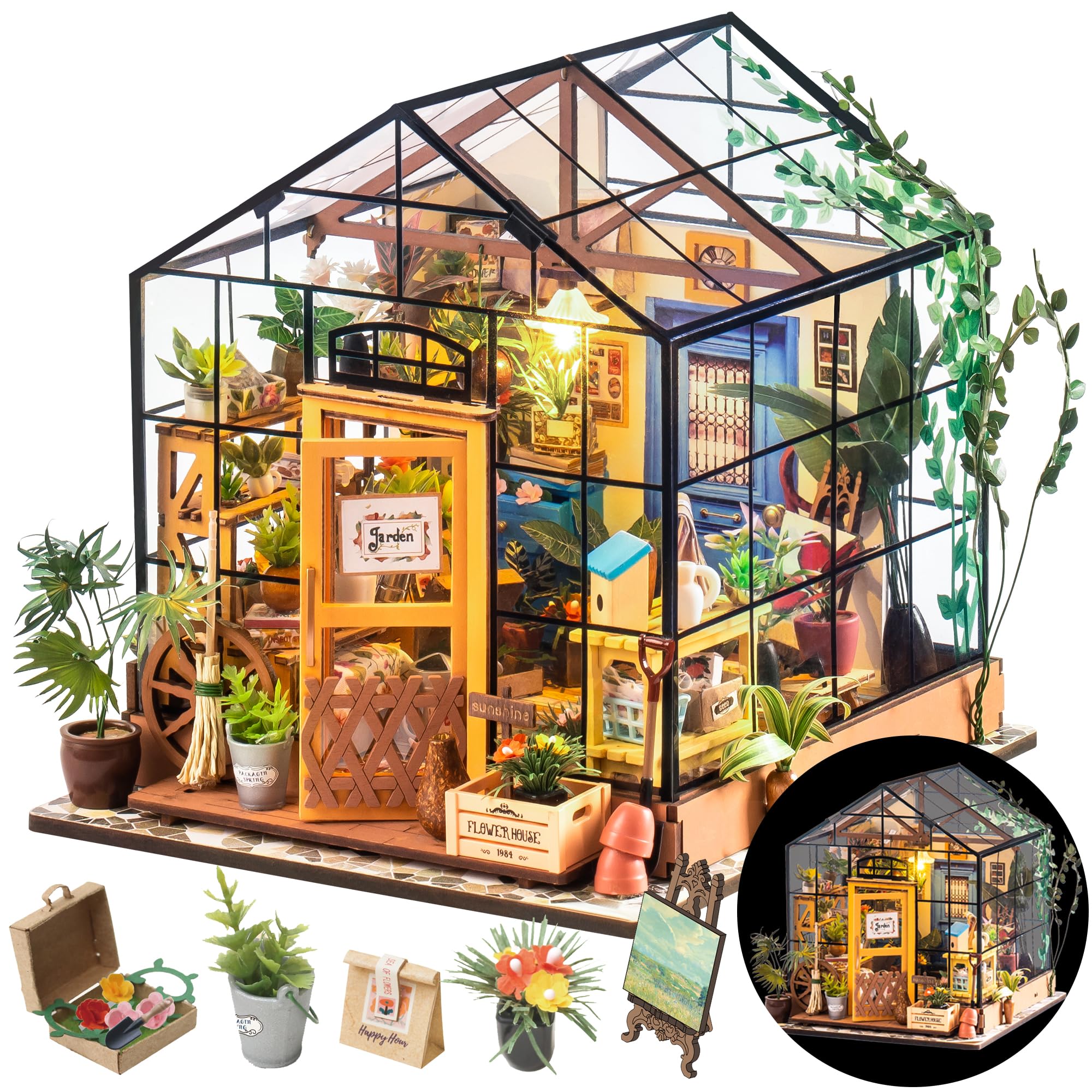 Rolife DIY Miniature Greenhouse Kit, Tiny/Mini House Making Kit with Furniture for Adults, Furniture, Halloween/Christmas Decorations, Gifts for Family and Friends Cathy’s Greenhouse product image