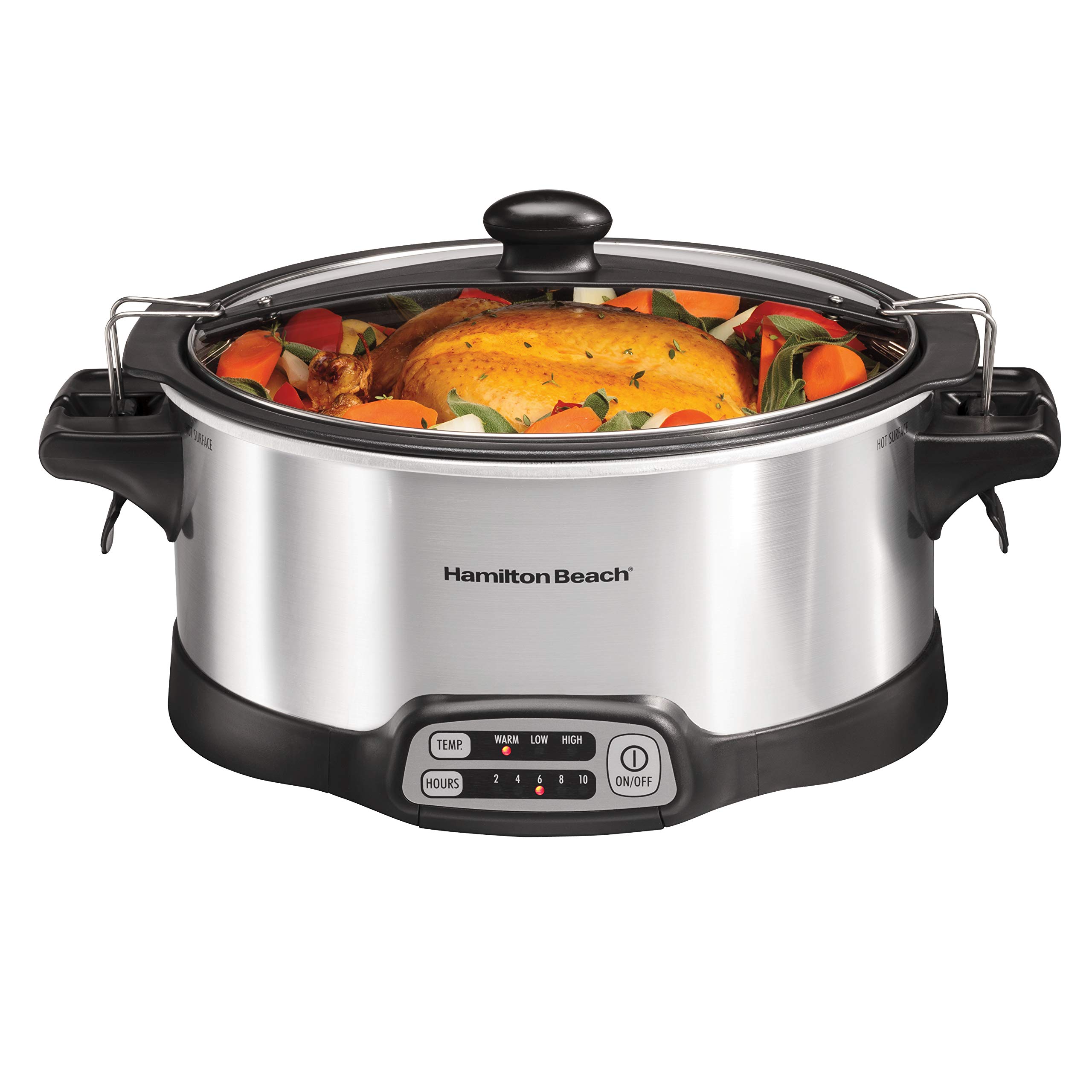 Hamilton Beach Programmable Slow Cooker with 6 Quart Stovetop-Safe Sear & Cook Crock & Travel Lid Lock for Portable Transport, Silver 33663 product image