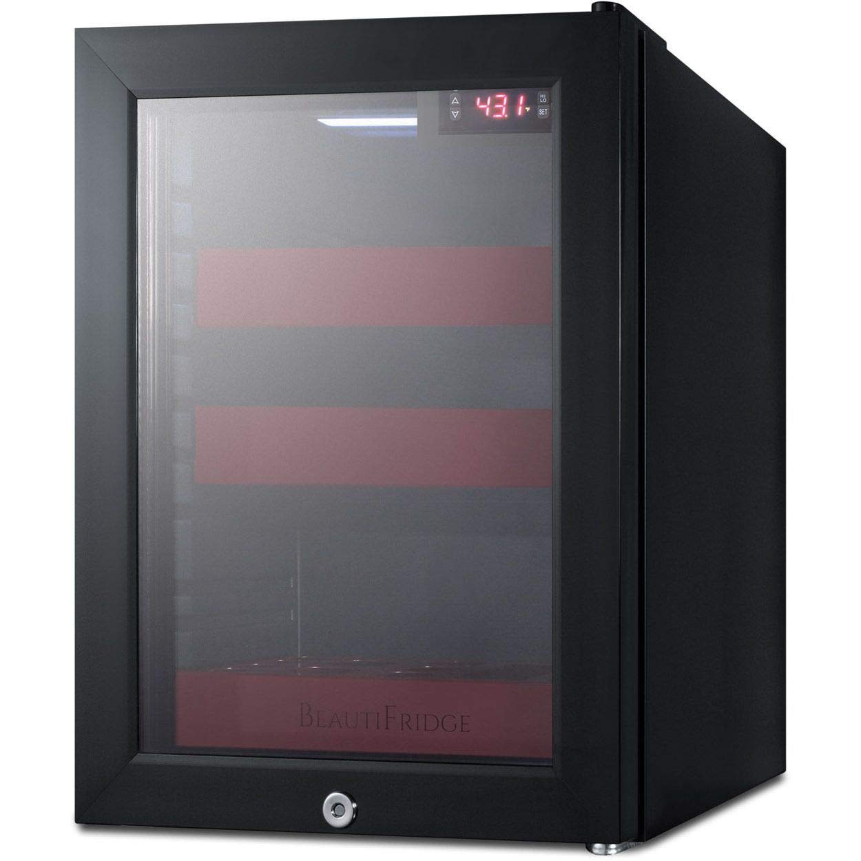Summit Appliance LX114LR BeautiFridge Compact Cosmetics Cooler with Glass Door, Black Cabinet, Lock, Glossy Ruby-Colored Shelves, and Digital Controls Set for the Storage of Beauty Products product image