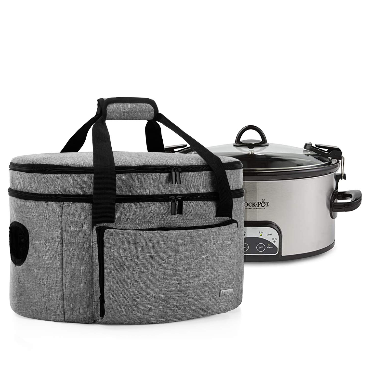 LUXJA Double Layers Slow Cooker Bag with a Bottom Pad and Lid Fasten Straps, Insulated Carrier Fits for Most 6-8 Quart Oval Slow Cooker, Gray Bag Only product image