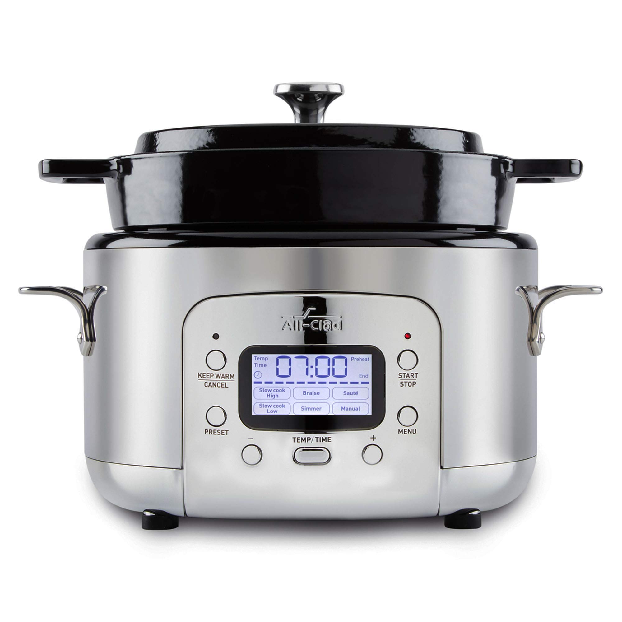 All-Clad 5 Quart 7-in-1 Electric Slow Cooker with Stainless Steel and Cast Iron, 1200W - Black Enamel Crock product image