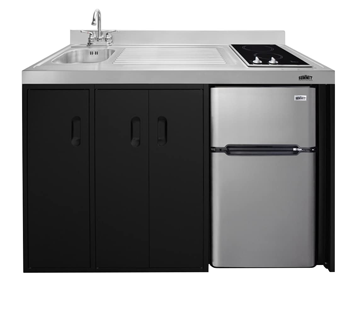Summit Appliance CK54SINKL 54 Wide All-In-One Kitchenette, Stainless Steel Sink and Faucet, 2-door Refrigerator-freezer, 2-burner Smooth-top Cooktop, Storage Compartments, 115V Operation, Black product image