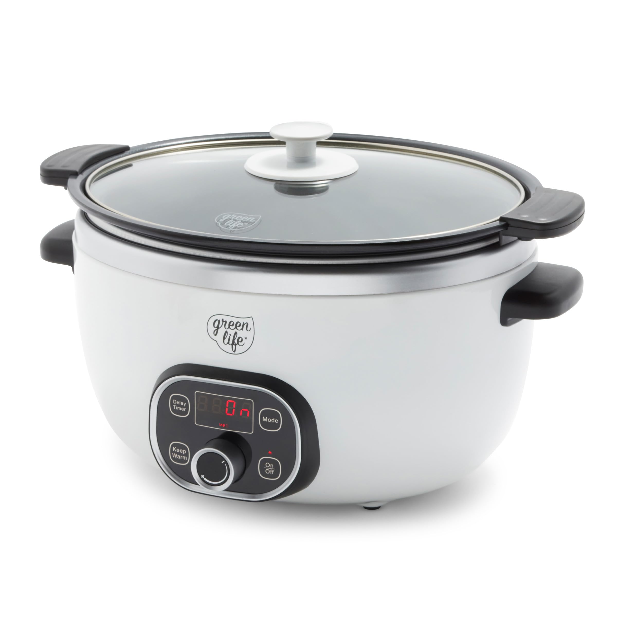 GreenLife 6QT Slow Cooker, Non-Toxic PFAS-Free Ceramic Nonstick Removable Interior Bowl, Programmable, Family Friendly, Keep Warm, Stovetop & Oven Safe, Dishwasher Safe Crock, Timer, Glass Lid, White product image