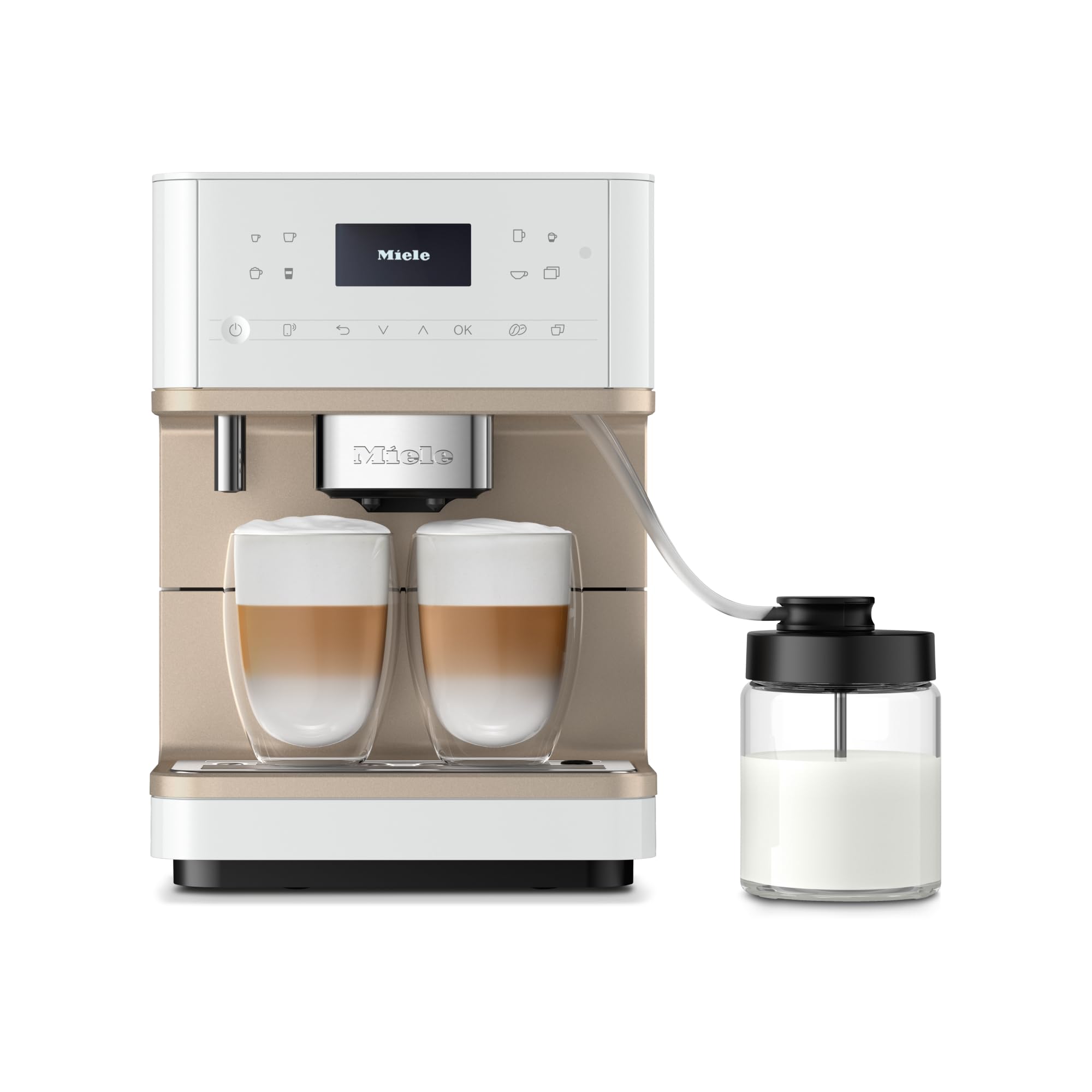 Miele CM 6360 MilkPerfection Automatic Coffee Machine - OneTouch for Two, AromaticSystem, 8 individual profiles, DoubleShot, WiFi-compatible, LED lighting, in Lotus White CleanSteel Metallic product image