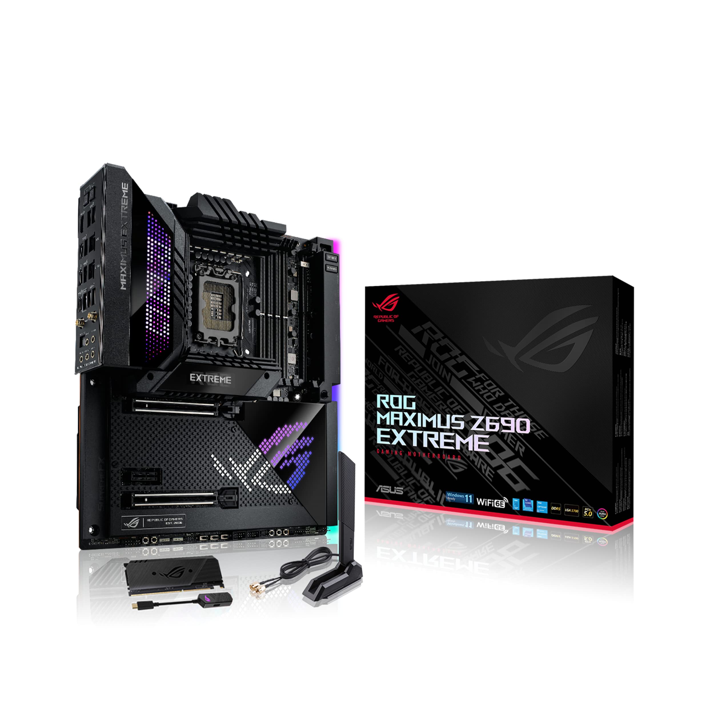 ASUS ROG Maximus Z690 ExtremeWiFi 6ELGA 1700Intel 12th GenEATX gaming motherboardPCIe5.0,DDR5,24+1 power stages,5x M.2,PCIe 5.0 M.2,10Gb&2.5GbLAN,2xThunderbolt 4,PCIe 5.0 Hyper M.2 card bundled product image