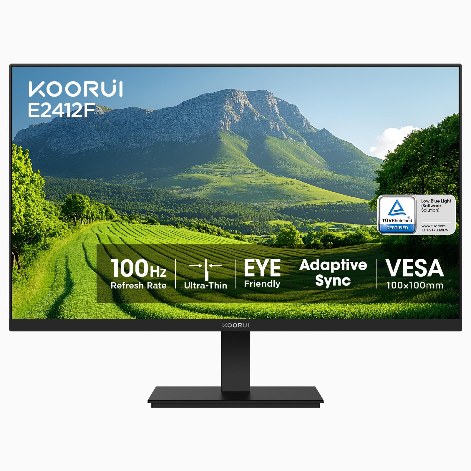 KOORUI 24-inch Computer Monitor Full HD 1920 x 1080p 100Hz VA Display 4000:1 Contrast Ratio with HDMI VGA, TÜV Rheinland Certified, 100 x 100 mm VESA Mountable, Ultra-Slim Design, Tilt, Black, E2412F product image
