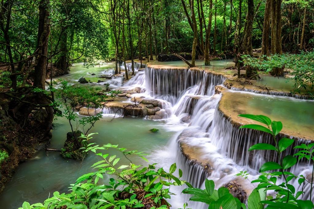 Huay Mae Kamin River Nature Poster Waterfall Jungle Forest Thailand Scenic Landscape Posters Cool Wall Art Print Poster 16x24 product image