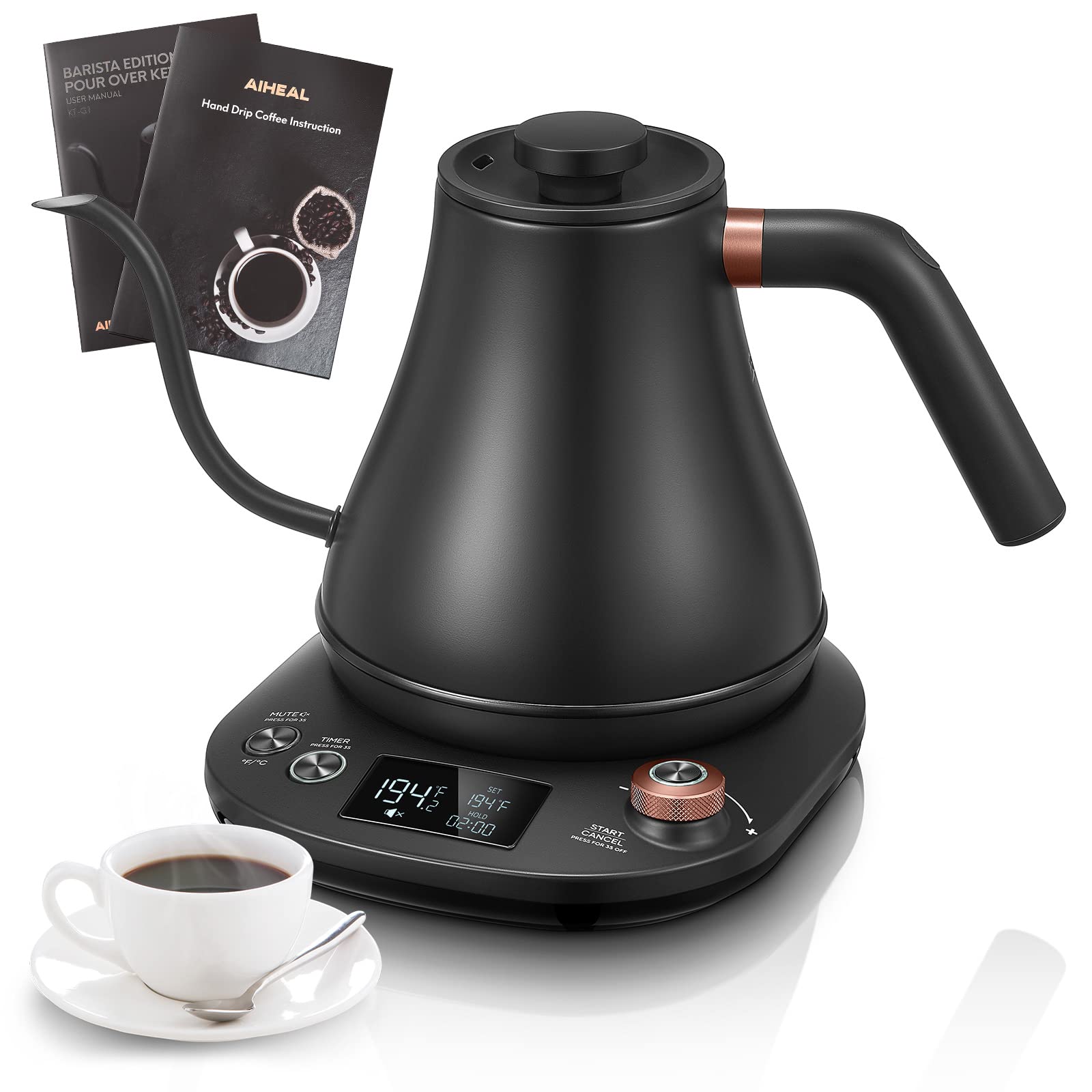 Electric Gooseneck Kettle Temperature Control, Pour Over Electric Kettle for Coffee and Tea, 100% Stainless Steel Inner, 1200W Rapid Heating, 0.8L, Built-in Stopwatch, Matte Black product image