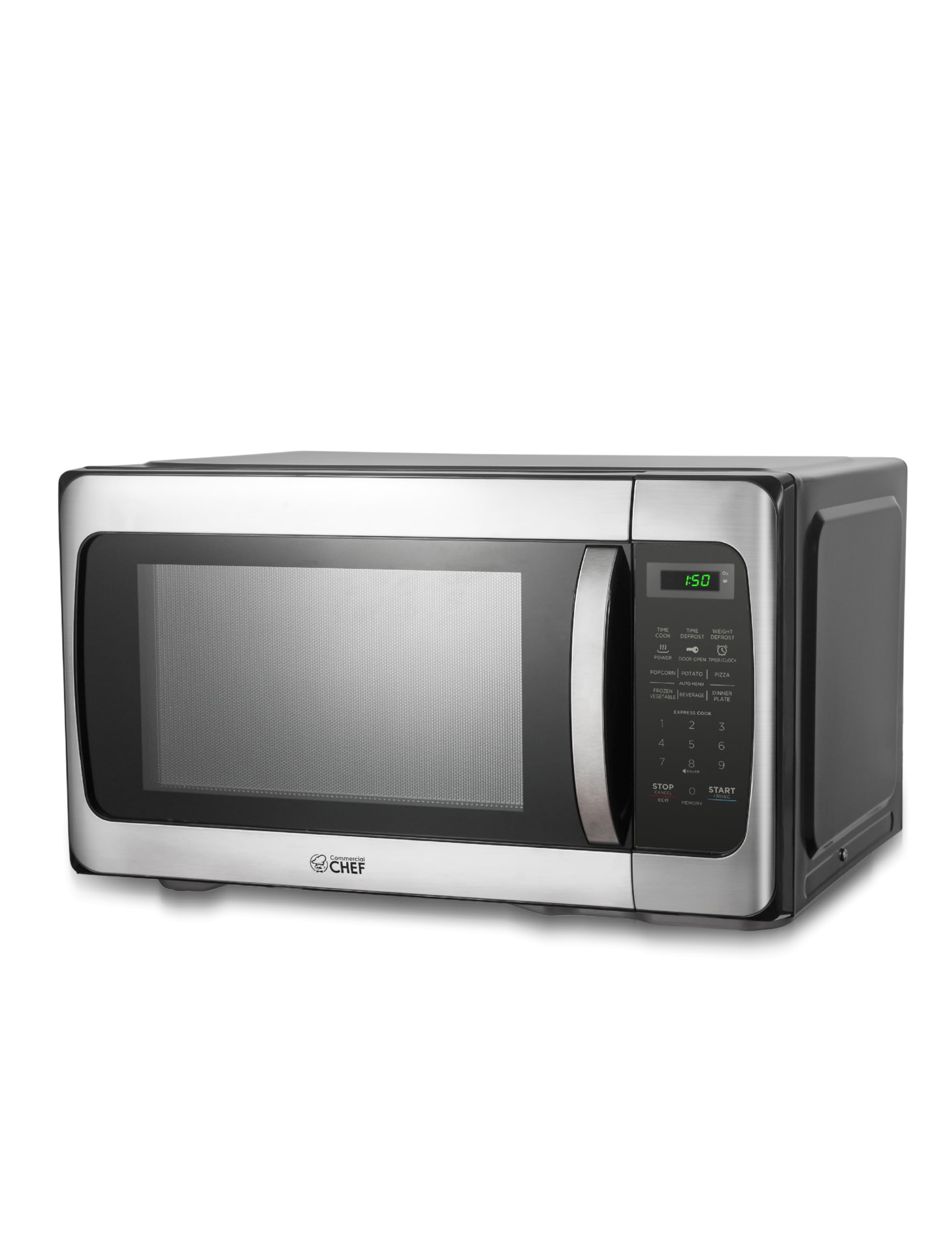 COMMERCIAL CHEF 1.1 Cu Ft Microwave with 10 Power Levels, Microwave 1000W with Push Button Door Lock, Countertop Microwave with Microwave Turntable and Digital Controls, Stainless Steel product image