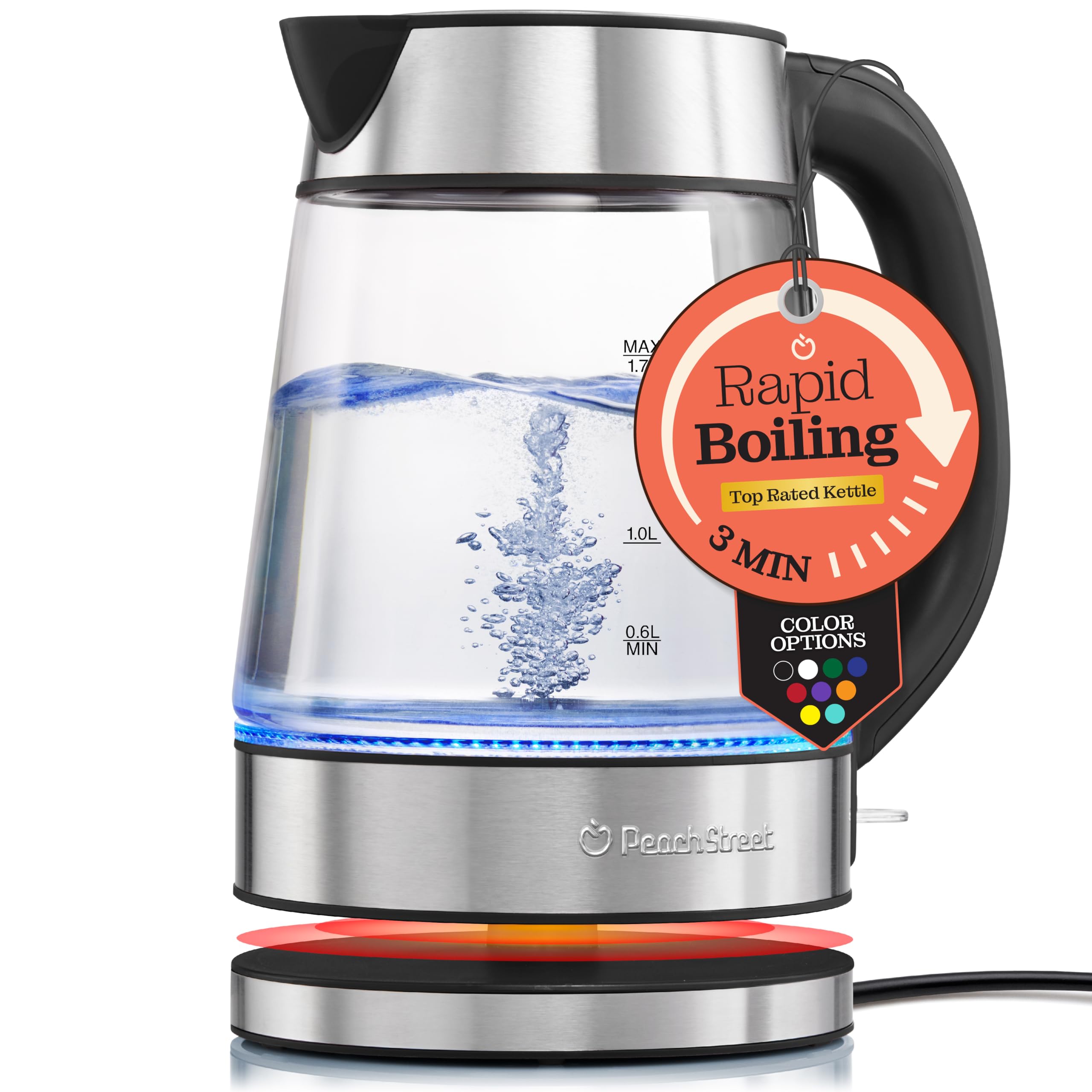 Speed-Boil Electric Kettle For Coffee & Tea - 1.7L Water Boiler 1500W, Borosilicate Glass, Easy Clean Wide Opening, Auto Shut-Off, Cool Touch Handle, LED Light. 360° Rotation, Boil Dry Protection product image