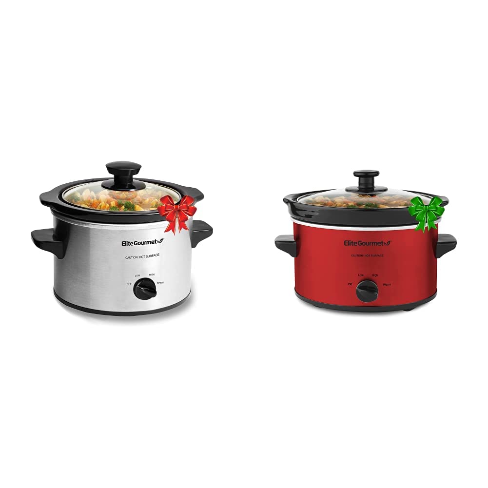 Bundle of Elite Gourmet MST-250XS Slow Cooker with Adjustable Temp, 1.5 Qt, Stainless Steel + Elite Gourmet MST-275XR Electric Oval Slow Cooker, Adjustable Temp, Dishwasher Safe Glass Lid, 2 Qt, Red product image
