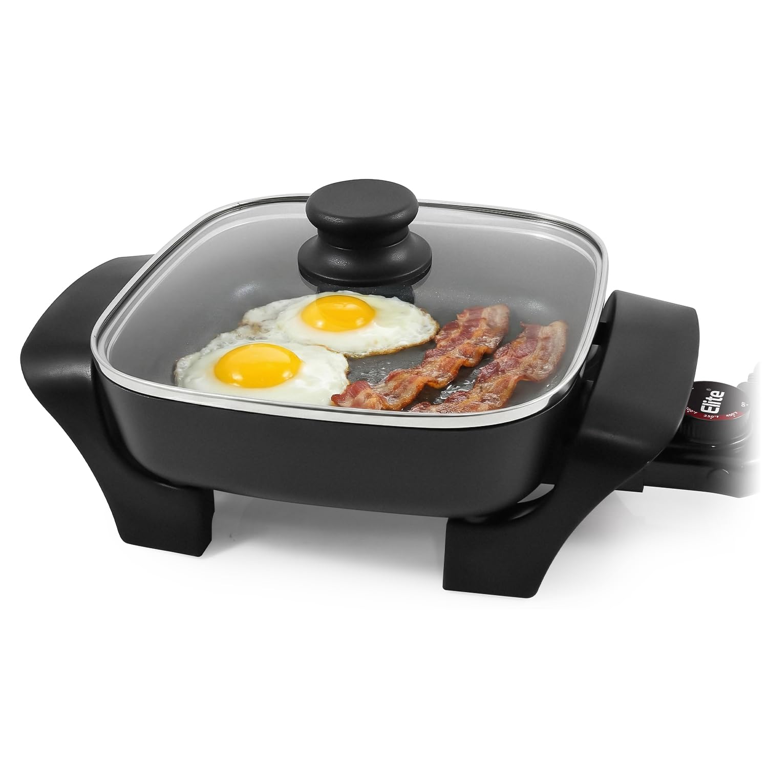 Elite Gourmet EG808 Electric Skillet 8"x8" Non-Stick Coating, Tempered Glass Lid, Removable Thermostat 200°F–400°F, Dishwasher Safe, 600W Compact 2.5-Qt Capacity for Eggs, Bacon & One-Pot Meals, Black product image