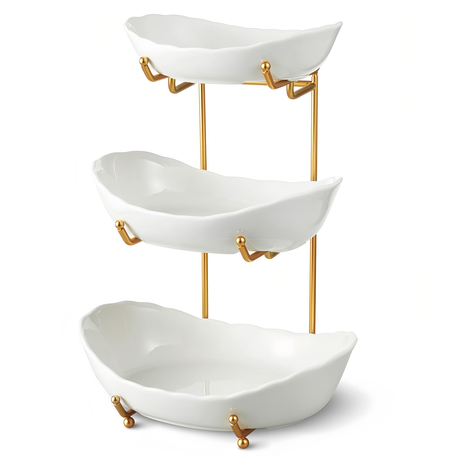 Ceramic Fruit Bowl for Kitchen Counter - 3 Tier Fruit Basket with Metal Stand, Tiered Fruit Stand for Countertop, Snack, Nuts, Cake, Dessert, Cute Gold, Small 1 product image