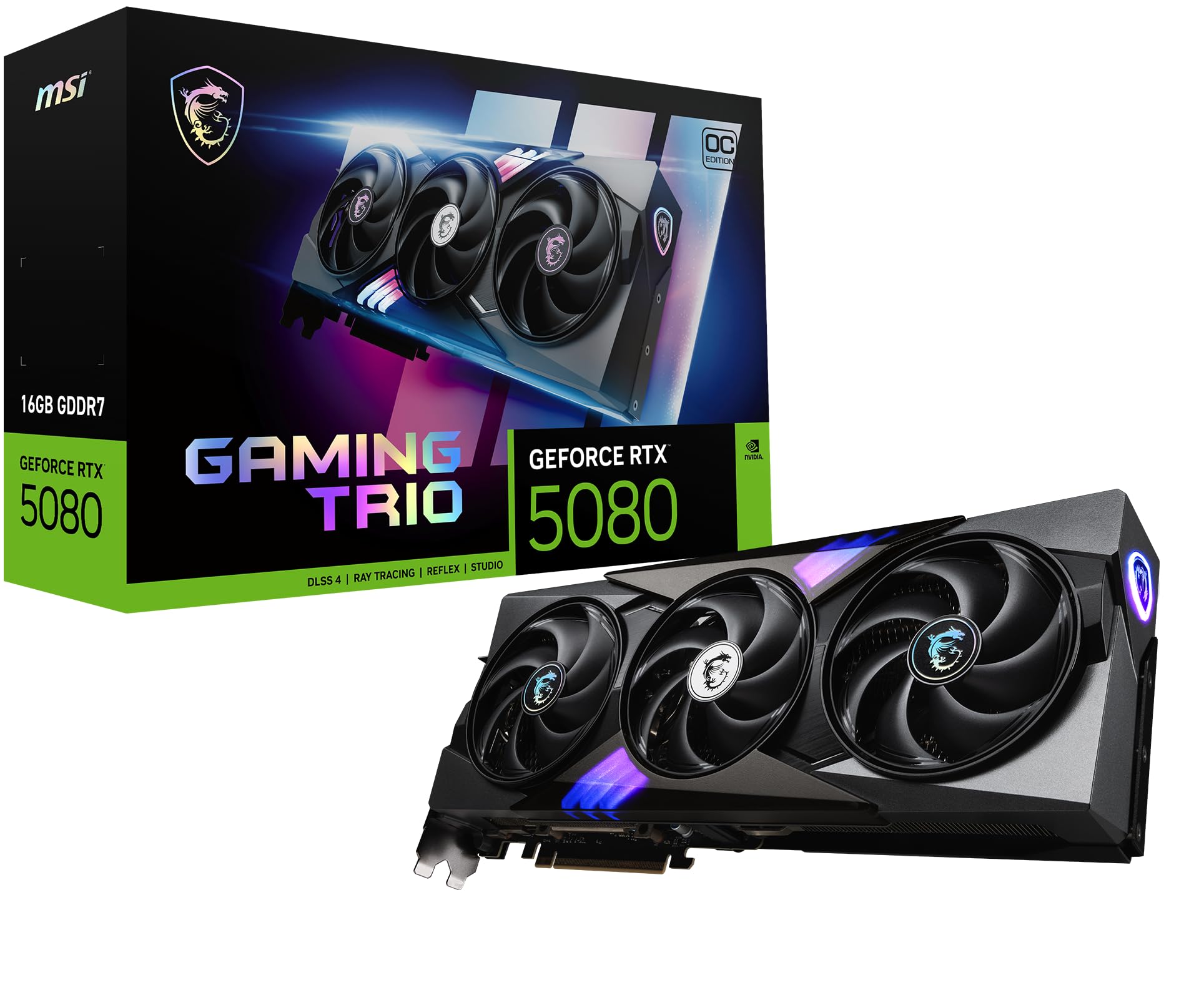 MSI GeForce RTX 5080 16G Gaming Trio OC Graphics Card - RTX 5080 GPU, 16GB GDDR7 30Gbps/256-bit, PCIe 5.0 - TRI FROZR 4 3 x STORMFORCE Fan, Gaming & Silent Mode, RGB - HDMI 2.1b, DisplayPort 2.1b product image
