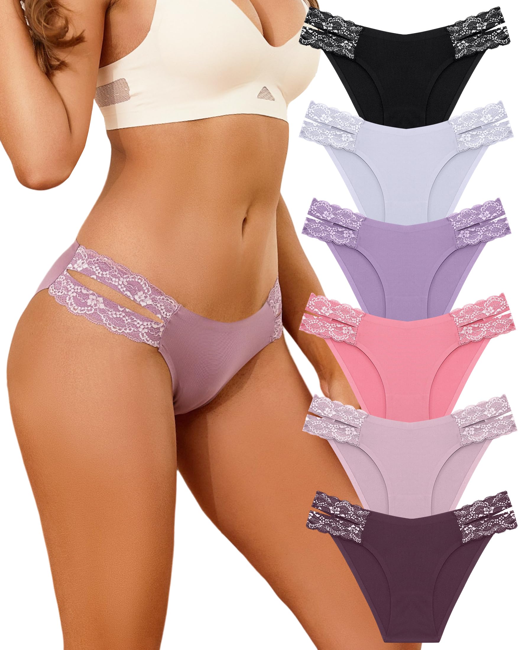 FINETOO Seamless Underwear for Women Cheeky Bikini Panties High Cut V-waist Lace Underwear Women Cute Bikinis 6 Pack product image