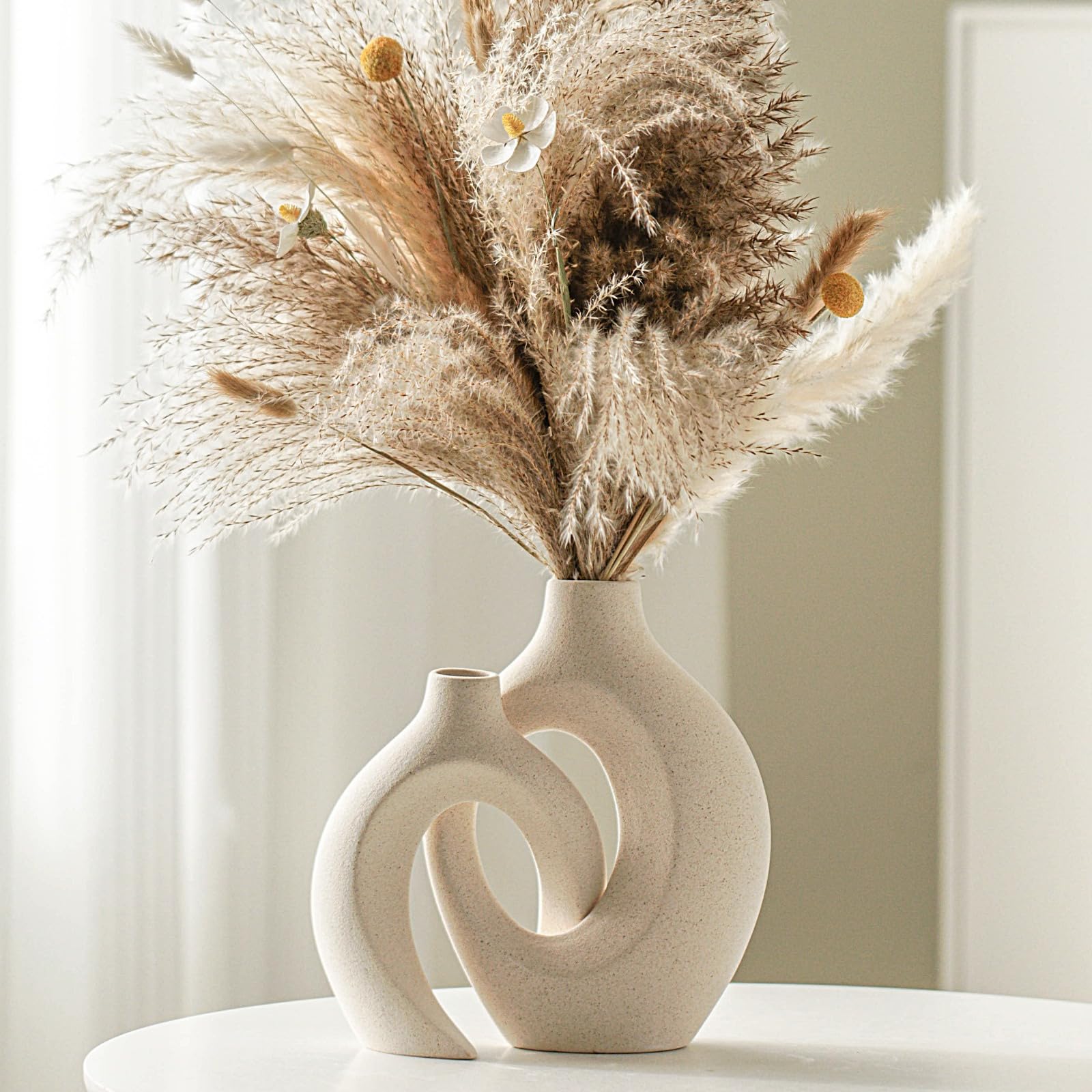 Snuggle Hollow Ceramic Vase Set of 2, Nordic Modern Boho ins Style Decorative Ceramic Aesthetic Flower Vase for Home Decor Milky White W 6.3" X H 8.4" product image