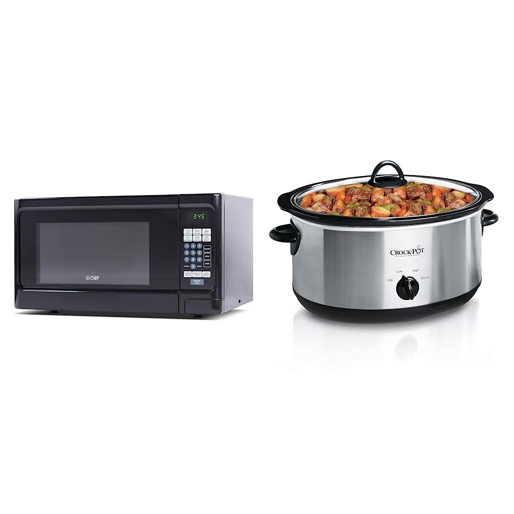 Countertop 1.1 Cubic Feet Microwave Oven, 1000 Watt, Black Front with Black Cabinet, Commercial Chef CHCM11100B & Crock-Pot 7 Quart Oval Manual Slow Cooker, Stainless Steel SCV700-S-BR product image