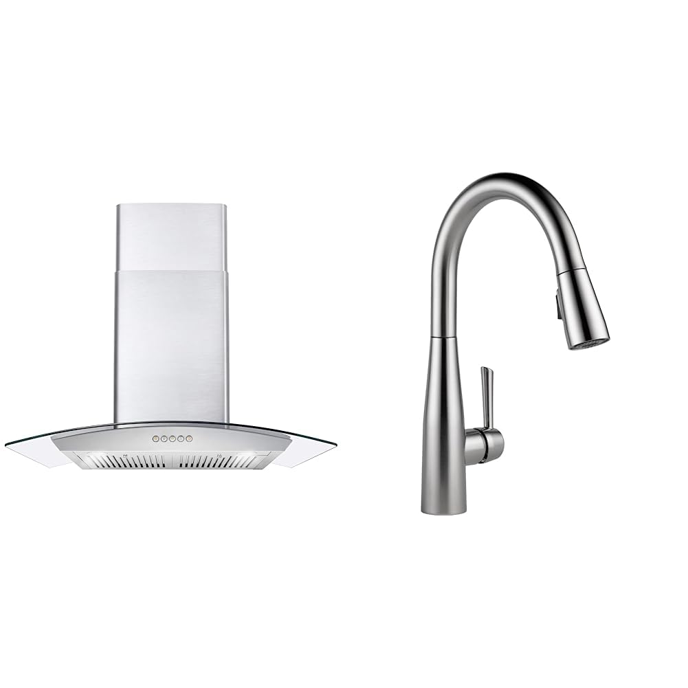 COSMO COS-668WRC75 Wall Mount Range Hood with Ducted Exhaust Vent, 3 Speed Fan, Push Button Controls, LED Lighting & Delta Faucet Essa Brushed Nickel Kitchen Faucet, Kitchen Faucets product image