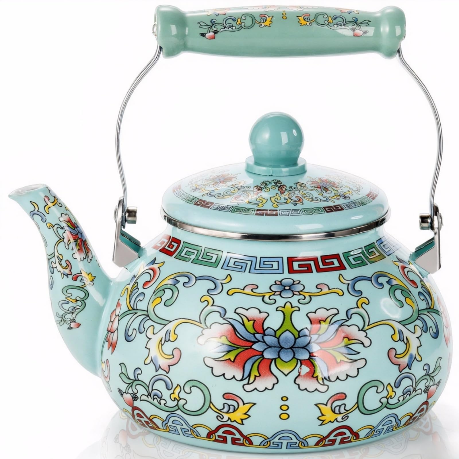 2.6 Quart Floral Enamel Tea Kettle, Vintage Enameled Teapot Stovetop, Enamel on Steel Water Coffee Tea Pot with Ceramic Handle, Colorful Hot Water Kettle for Home Kitchen Decor, No Whistling product image