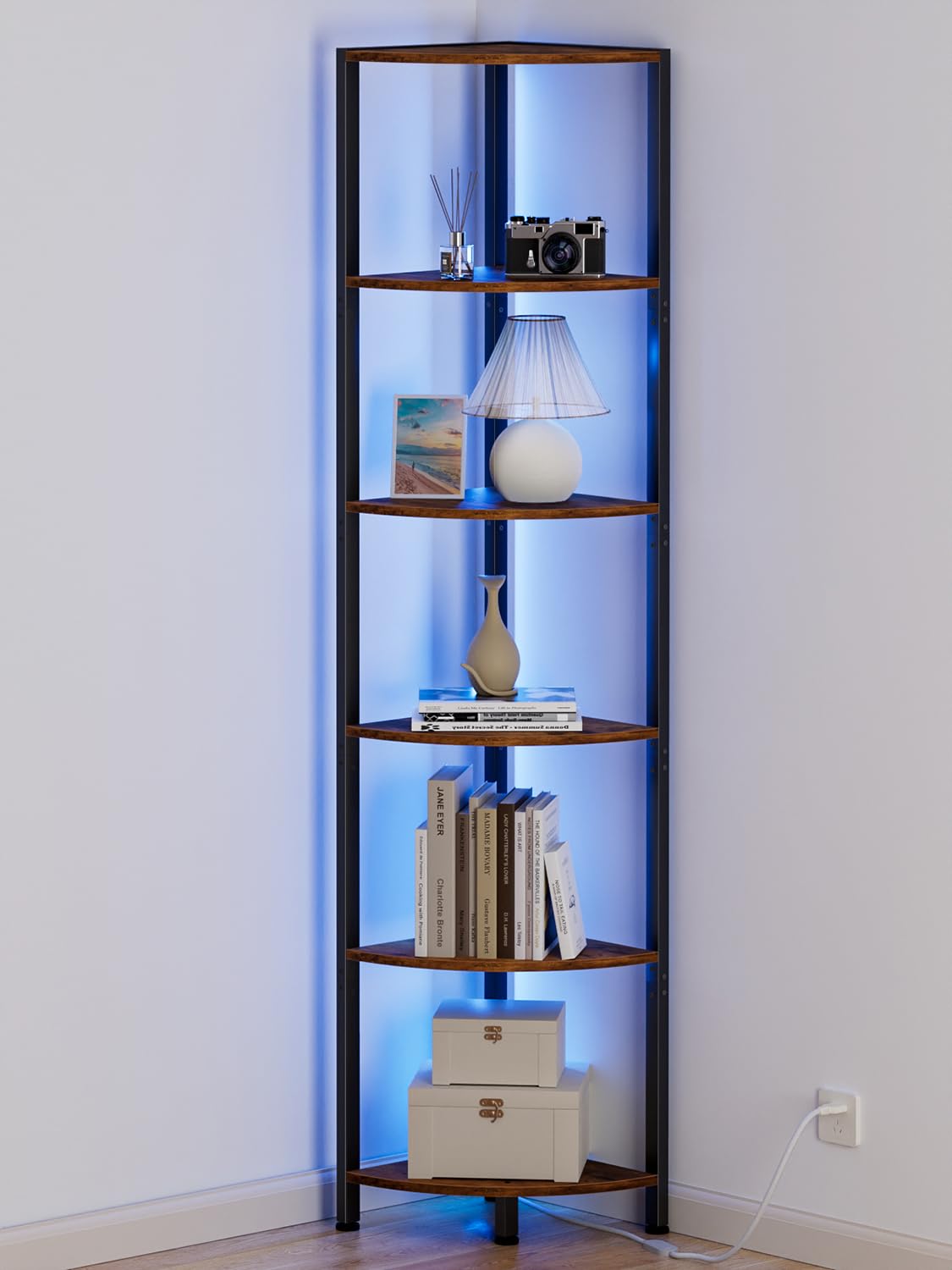 Furnulem 6 Tier Corner Shelf with LED Light, 67.5” Tall Standing Shelf Organizer, Narrow Bookshelf with Storage Rack for Wall Corner, Living Room, Bedroom, Metal Frame, Wood Display Shelf product image