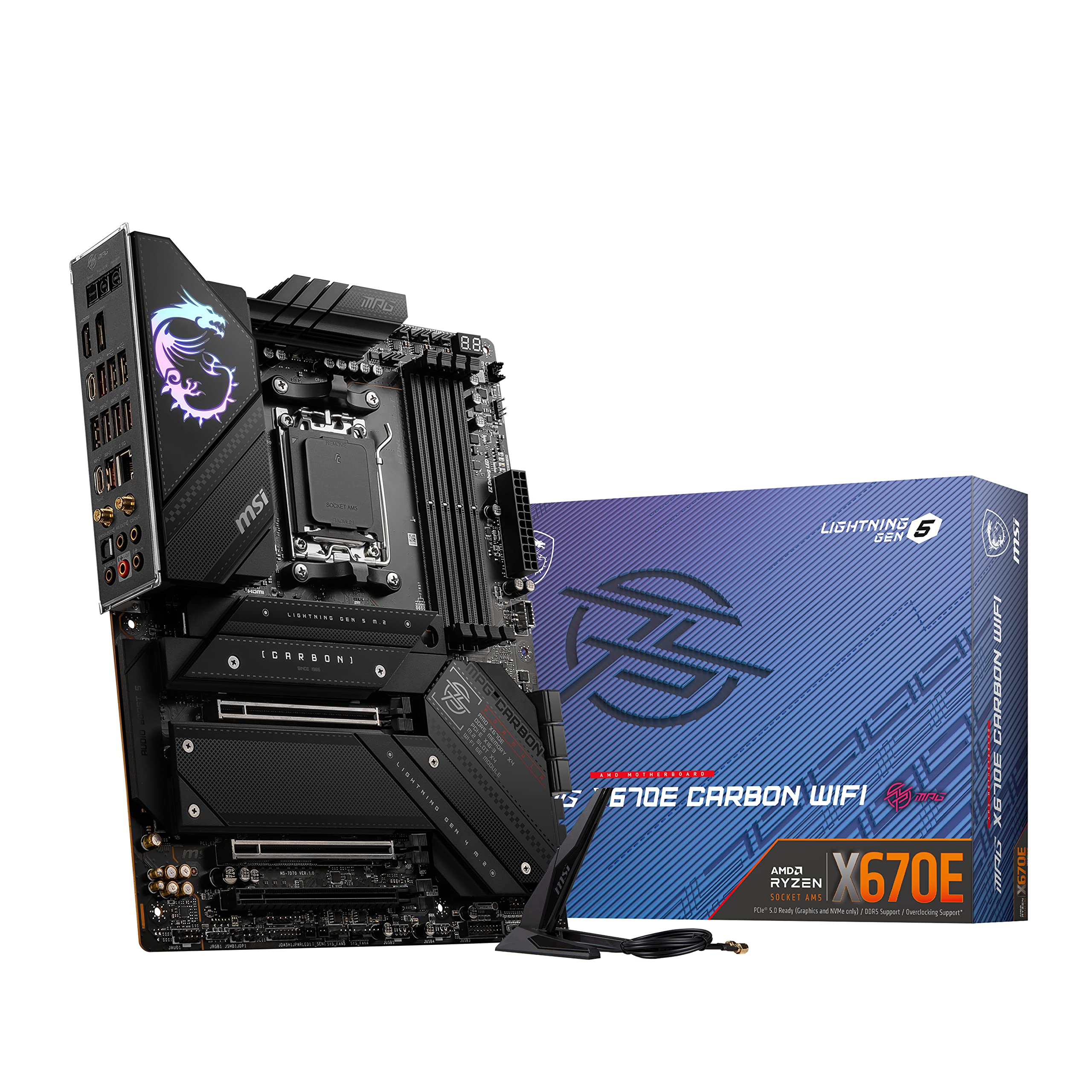 MSI MPG X670E Carbon WiFi Computer Gaming Motherboard AMD AM5, DDR5, PCIe 5.0, SATA 6Gb/s, M.2, USB 3.2 Gen 2, Wi-Fi 6E, HDMI/DP, Supports Bluetooth 5.3, 2.5G LAN, ATX AMD PC Motherboard Renewed product image