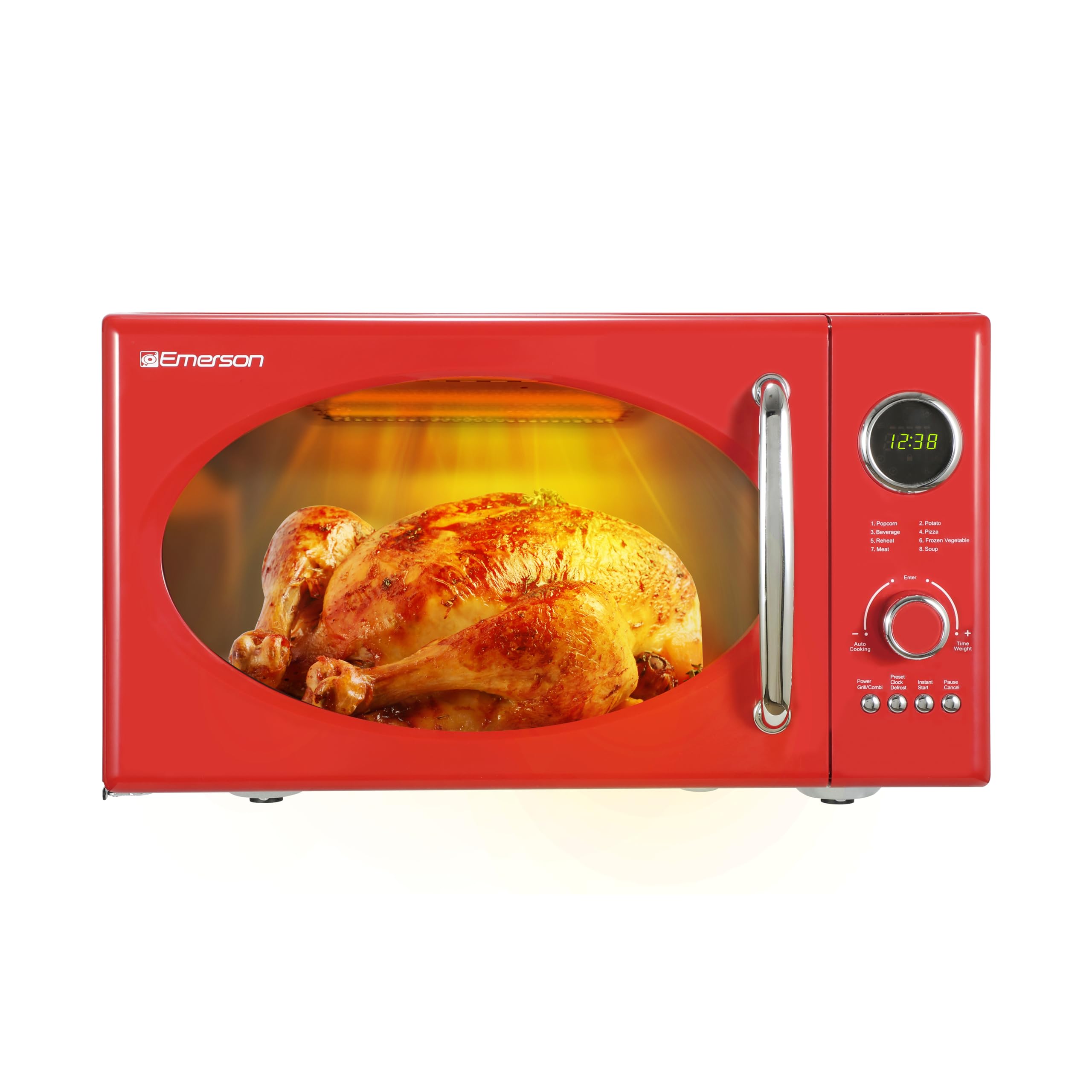 Emerson MWRG0901RD 0.9 Cu. Ft. Retro Microwave with 1,000W Grill Function, 800W Cooking Power, LED Display, 5 Power Levels, 8 Auto Menus, Glass Turntable, Child Lock, Red Countertop Design product image