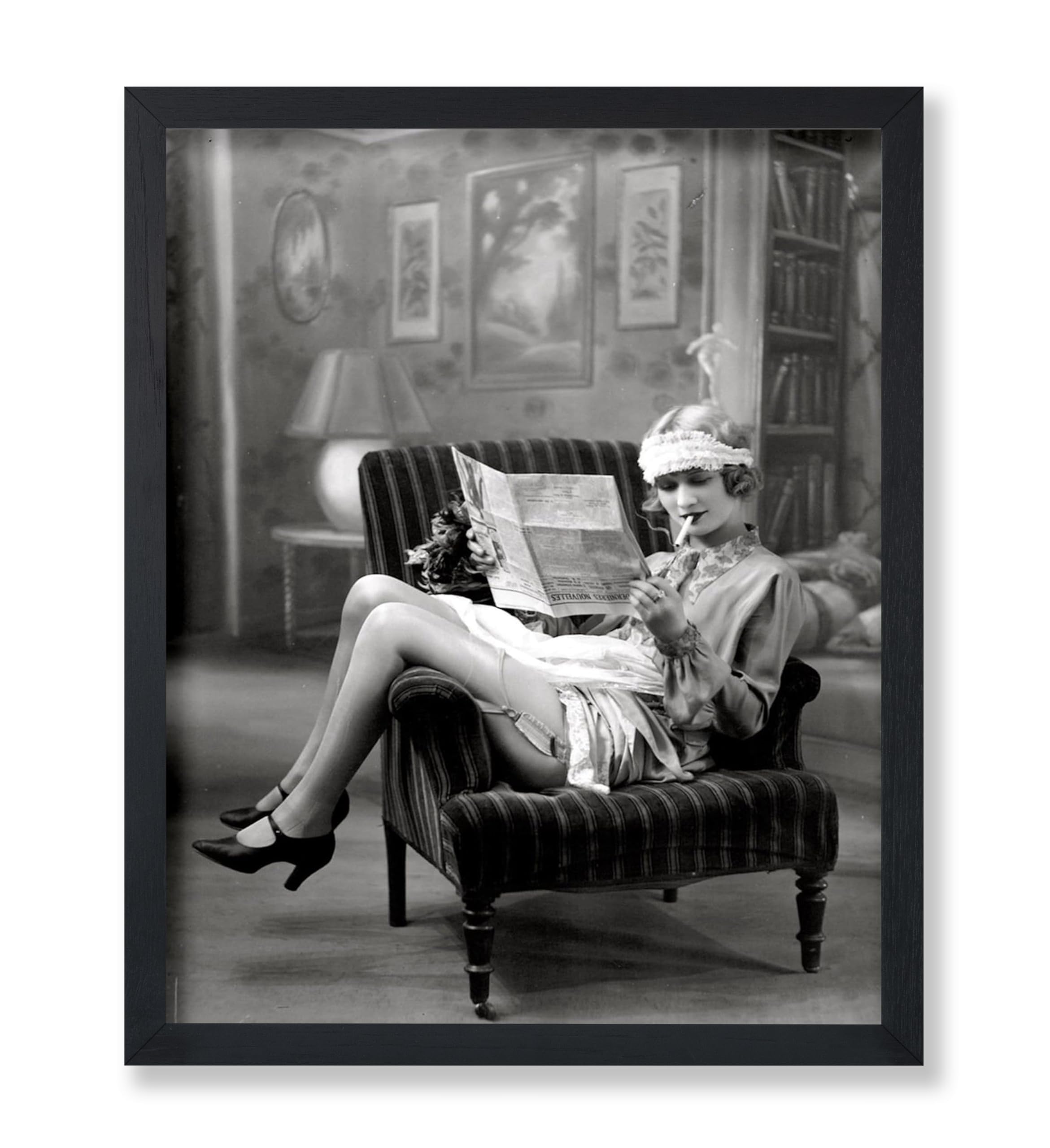 Poster Master Vintage Smoking Flapper Girl Poster - Retro Reading in Stockings Print - Lingerie Art - Fashion Art - Glam Gift for Her, Women - Decor for Bedroom, Living Room - 8x10 UNFRAMED Wall Art product image