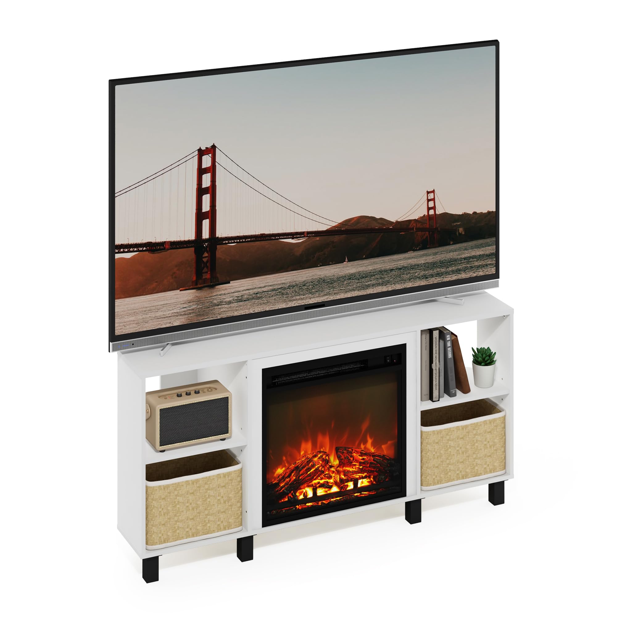 Furinno Jensen Corner Fireplace TV Stand with 4 Open Compartments for TV up to 55 Inches, Solid White product image