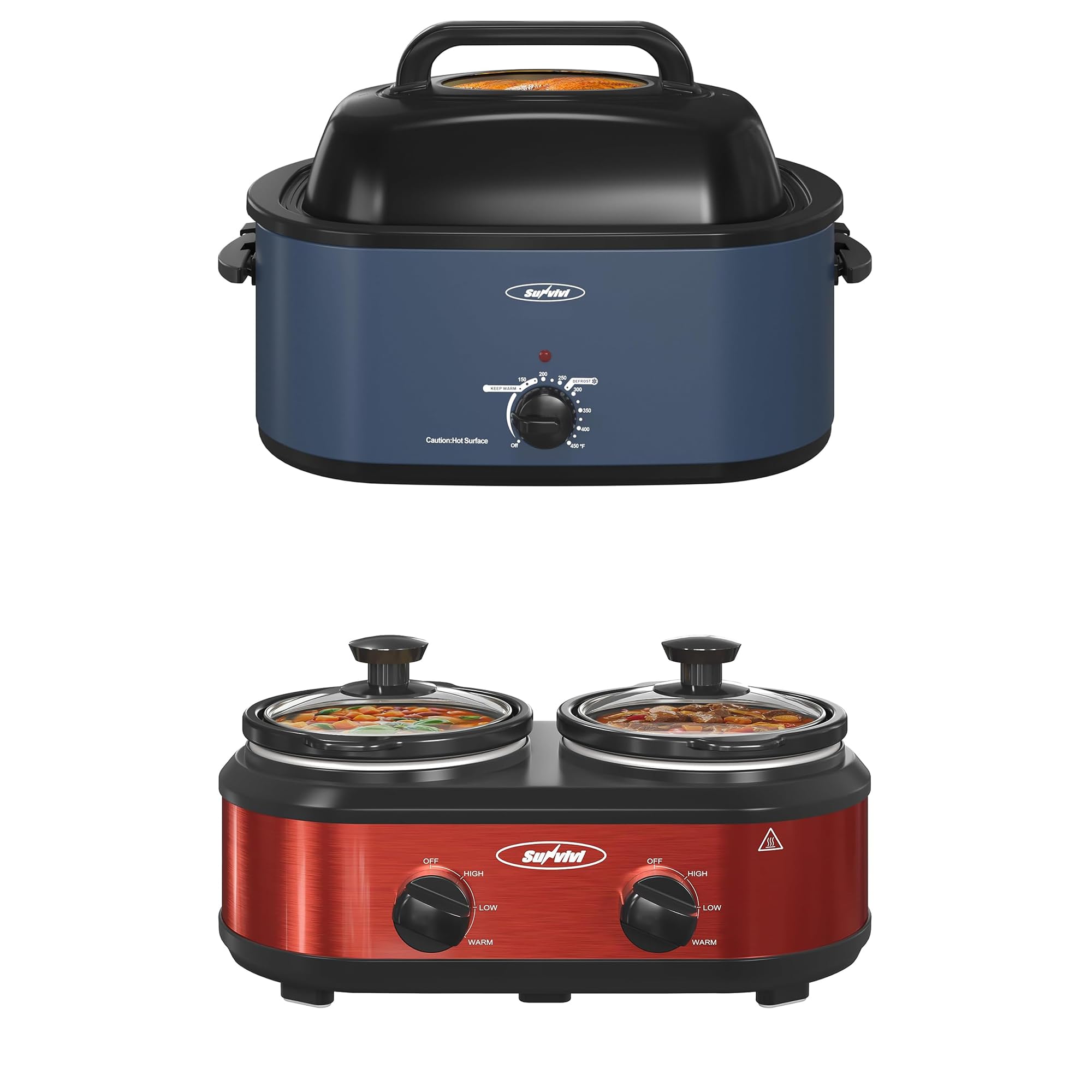Sunvivi Roaster Oven and Slow Cooker, Turkey Roaster 24 QT with Unique Defrost/Warm Function,Blue, 2 Pot Small Mini Crock Buffet Server and Warmer,Red product image