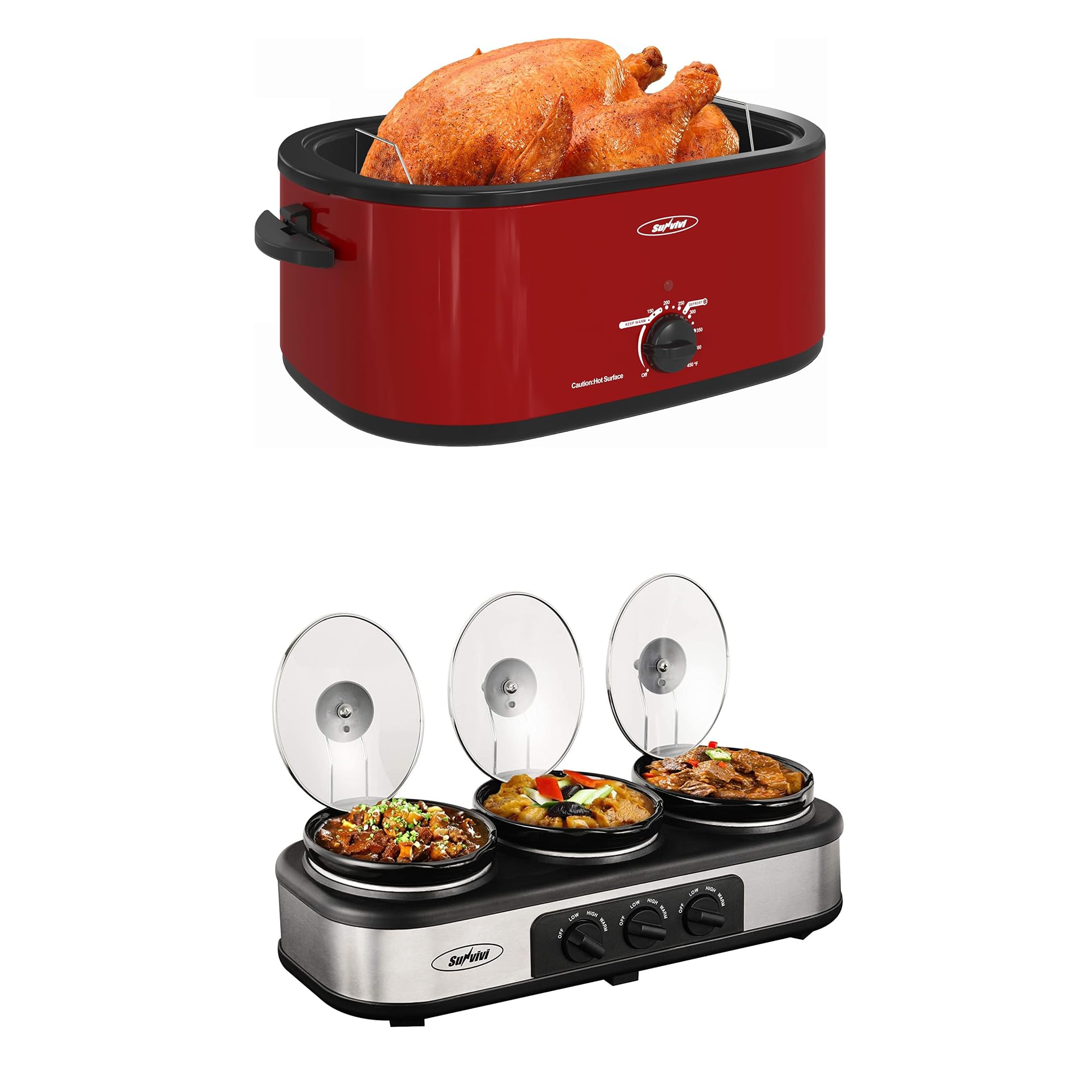 Sunvivi Roaster Oven and Slow Cooker, Turkey Roaster 24 QT with Unique Defrost/Warm Function,Red, Triple Slow Cooker Buffet Server 3 Pot Food Warmer,Silver product image