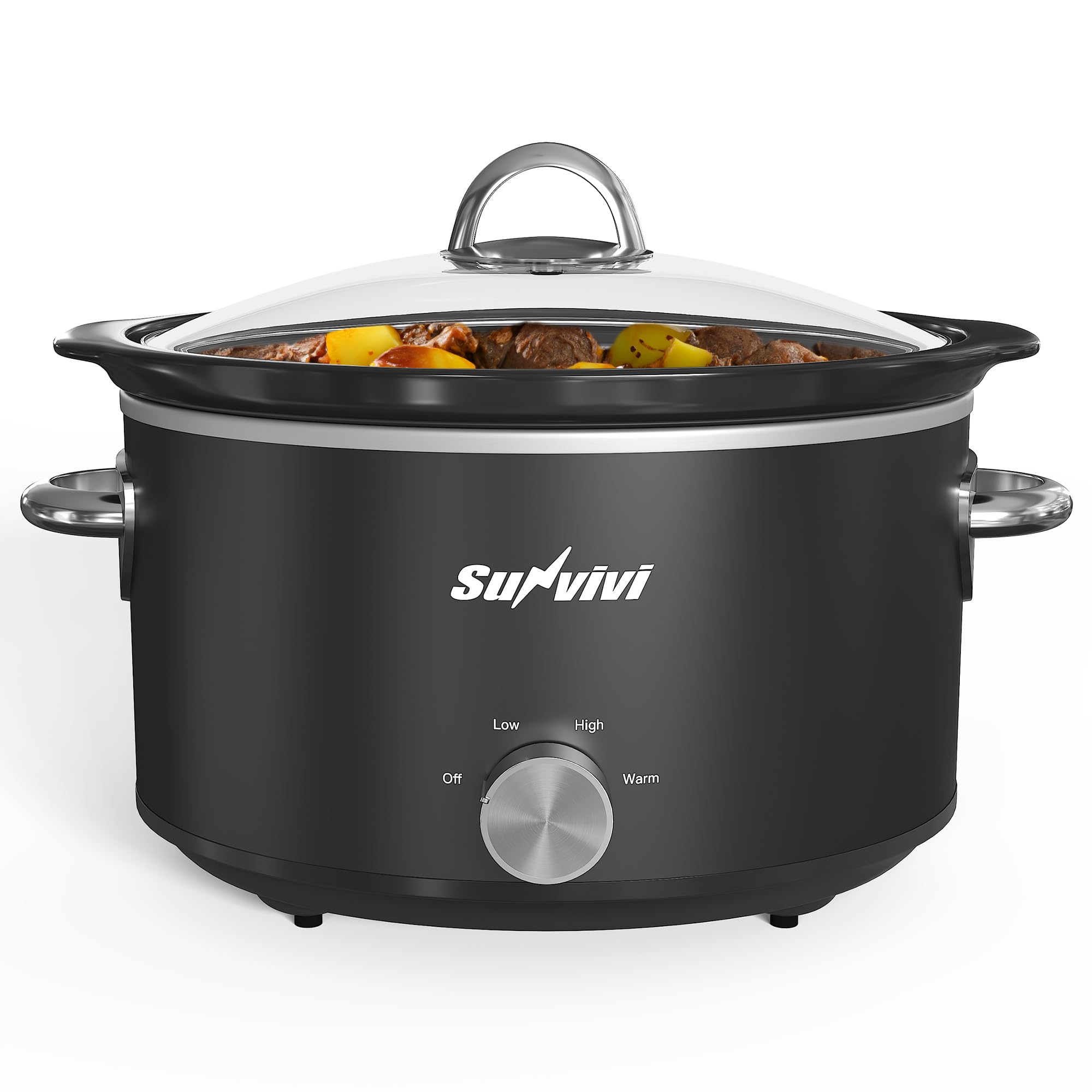 Sunvivi Small Slow Cooker 4QT, Mini Food Warmer with 3 Heating Settings, Removable Ceramic Pot, Dishwasher Safe Glass Lid, Stainless Steel, Black product image