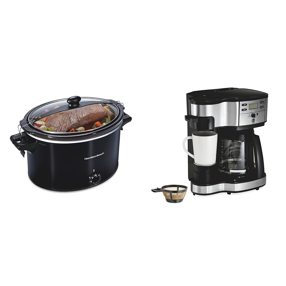 Hamilton Beach Slow Cooker, Extra Large 10 Quart, Stay or Go Portable With Lid Lock & 2-Way 12 Cup Programmable Drip Coffee Maker & Single Serve Machine product image