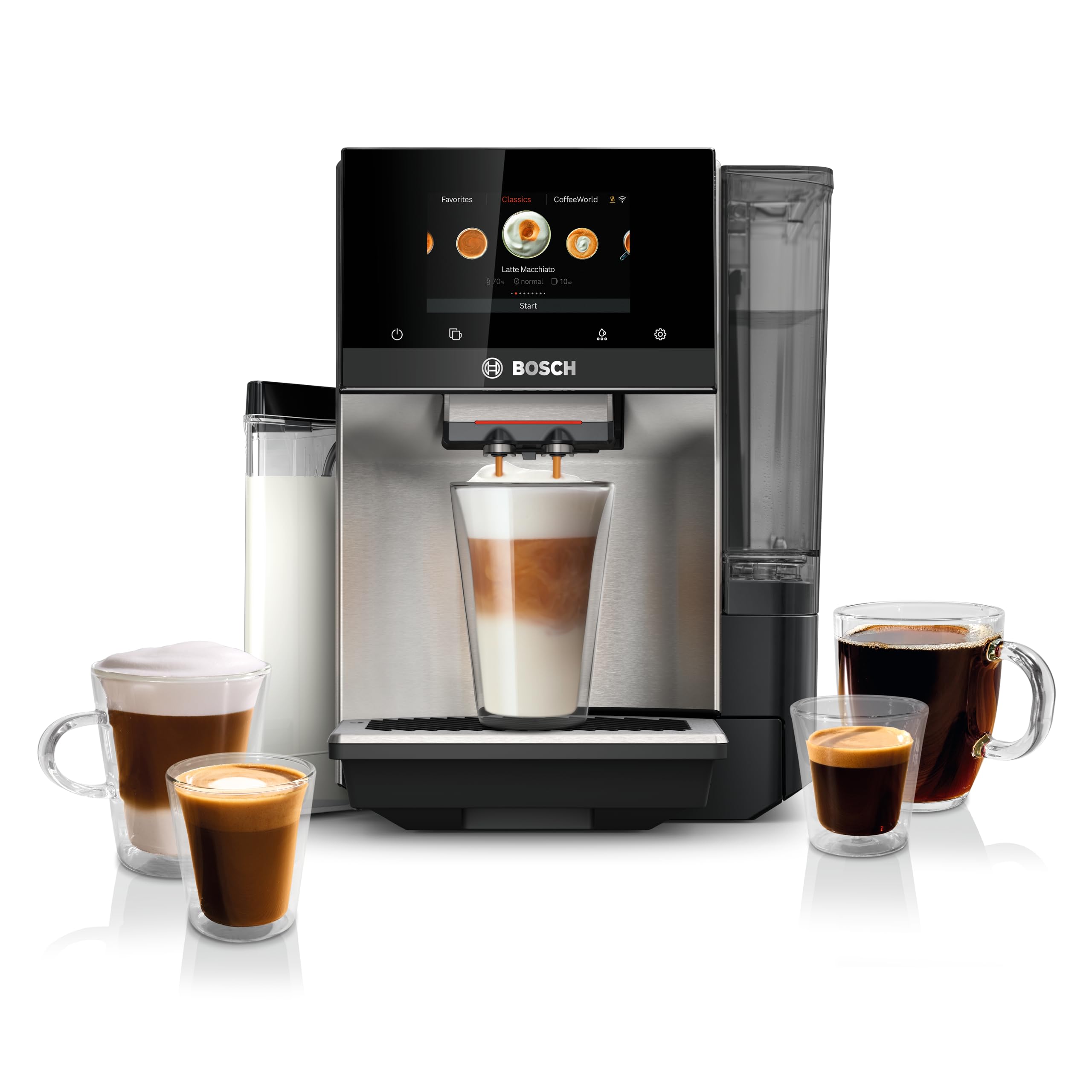 Bosch Fully Automatic Coffee and Espresso Machine - 36 Drinks, Double Cup Barista Style Super Coffee Maker - Touchscreen, Large Bean Capacity - Easy Clean, Maintenance - Stainless Steel - TQU60703 product image