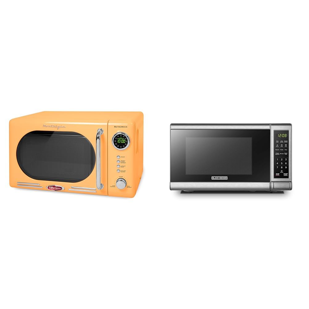 Nostalgia Retro Compact Countertop Microwave Oven - 0.7 Cu. Ft. & BLACK+DECKER EM720CB7 Digital Microwave Oven with Turntable Push-Button Door, Child Safety Lock product image