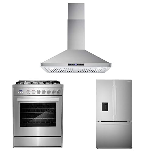 Cosmo 3-Piece, 36" Gas Range 30" Wall mount range hood & French Door Refrigerator product image