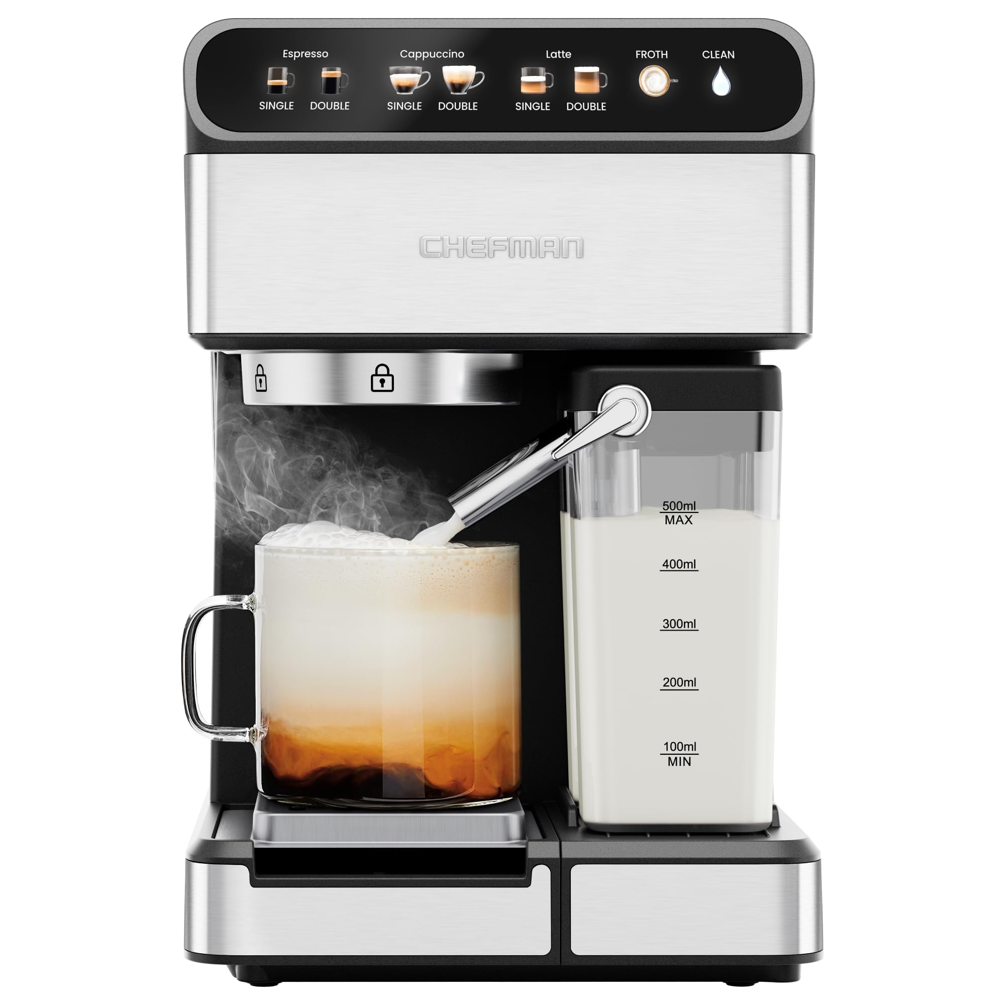 Chefman CaféMaster Pro Espresso Machine, Brew Single or Double Shots, Coffee Maker with Built-In Milk Frother for Cappuccino & Latte, XL 1.8 Liter Removable Water Reservoir - Stainless Steel product image