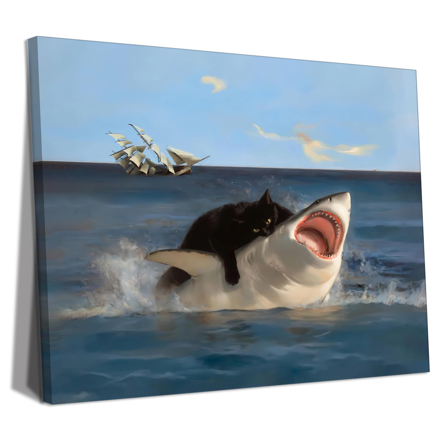 Framed Black Cat Bathroom Wall Art, Funny Quirky Cat and Shark Pictures Canvas Print, Abstract Black Cat Shark Posters Wall Decor for Room Bedroom Living Room Bathroom 12x16 in product image
