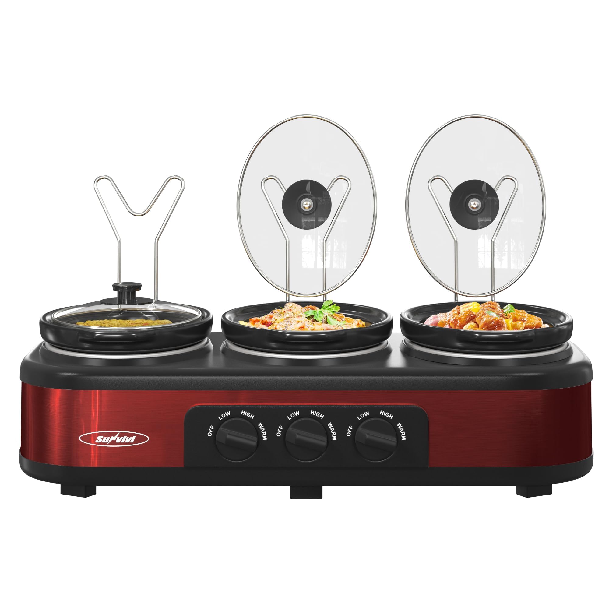Sunvivi Triple Slow Cooker, Buffet Server & Warmer with 3 Removable Ceramic Pots, 3 Adjustable Temp Settings & 3 Metal Lid Rests, Stainless Steel, 3 1.5 Quarts Red product image