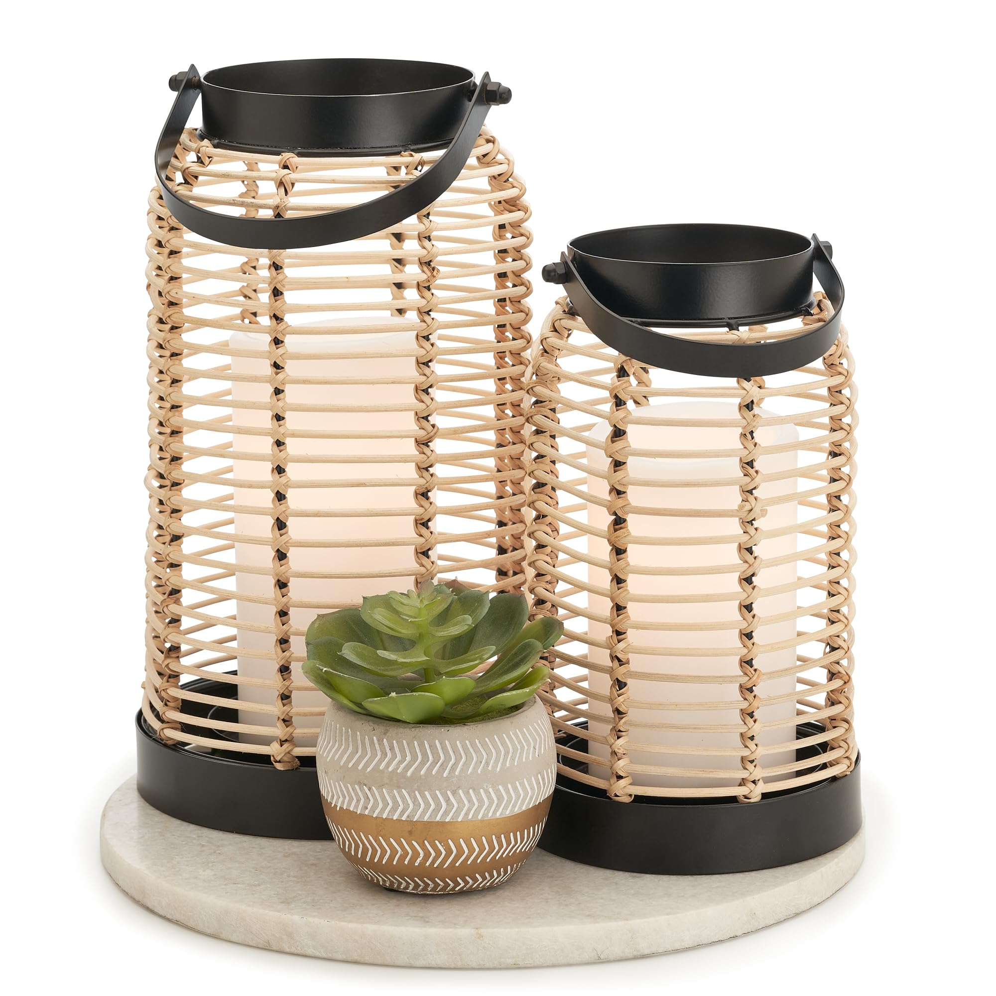 Natural Rattan Boho Lanterns - Handcrafted Chic Decor to Enhance Your Home - Modern Farmhouse Beauty Perfect for Any Living Room, Patio & Porch, Indoor and Outdoor Coffee Table or Kitchen Dining Table product image