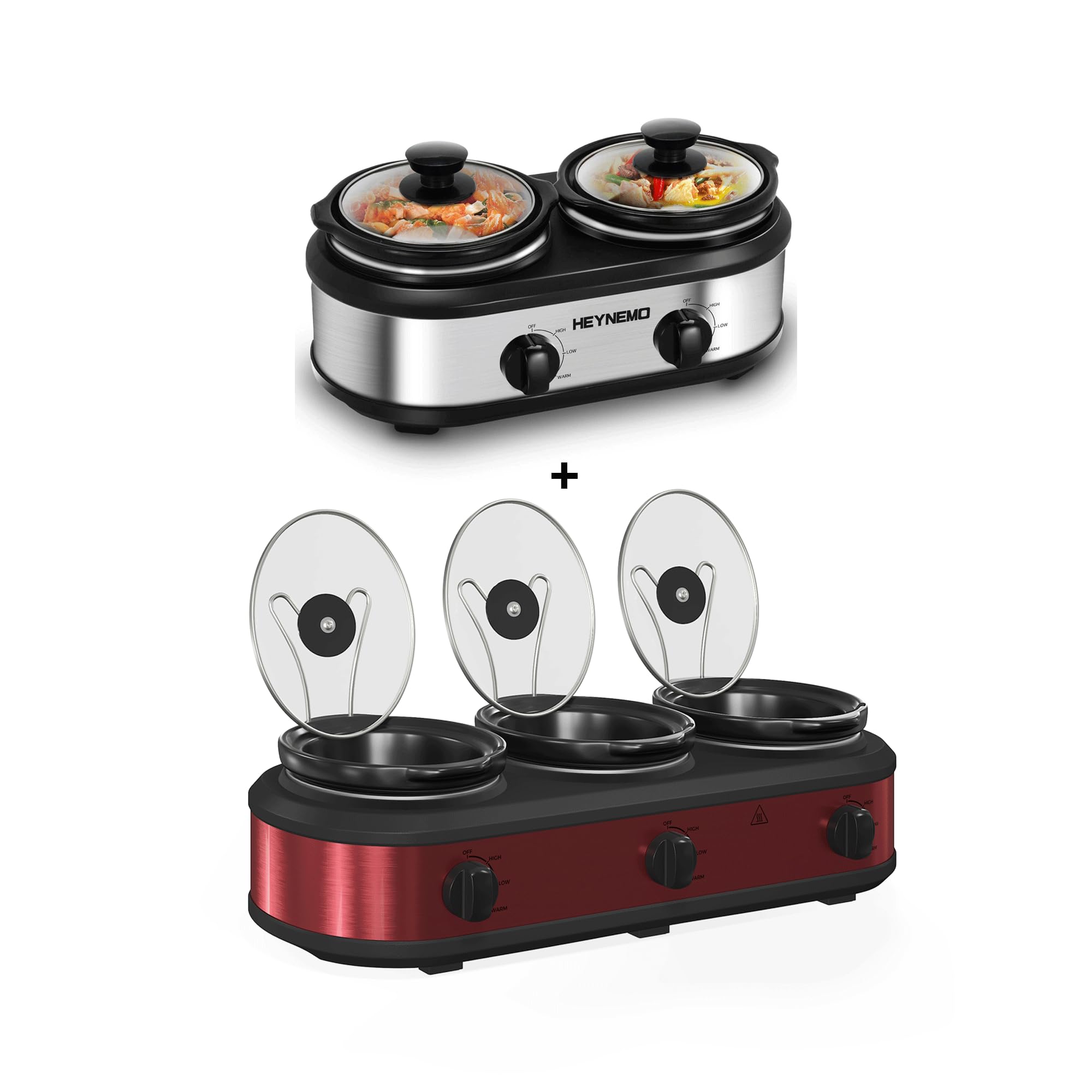 Double Slow Cooker, Triple Slow Cooker, Portable Small Dual Crock Cooker, Buffet Servers and Warmers Dishwasher Safe, Removable Ceramic Pot Glass Lid, Stainless Steel, Red product image