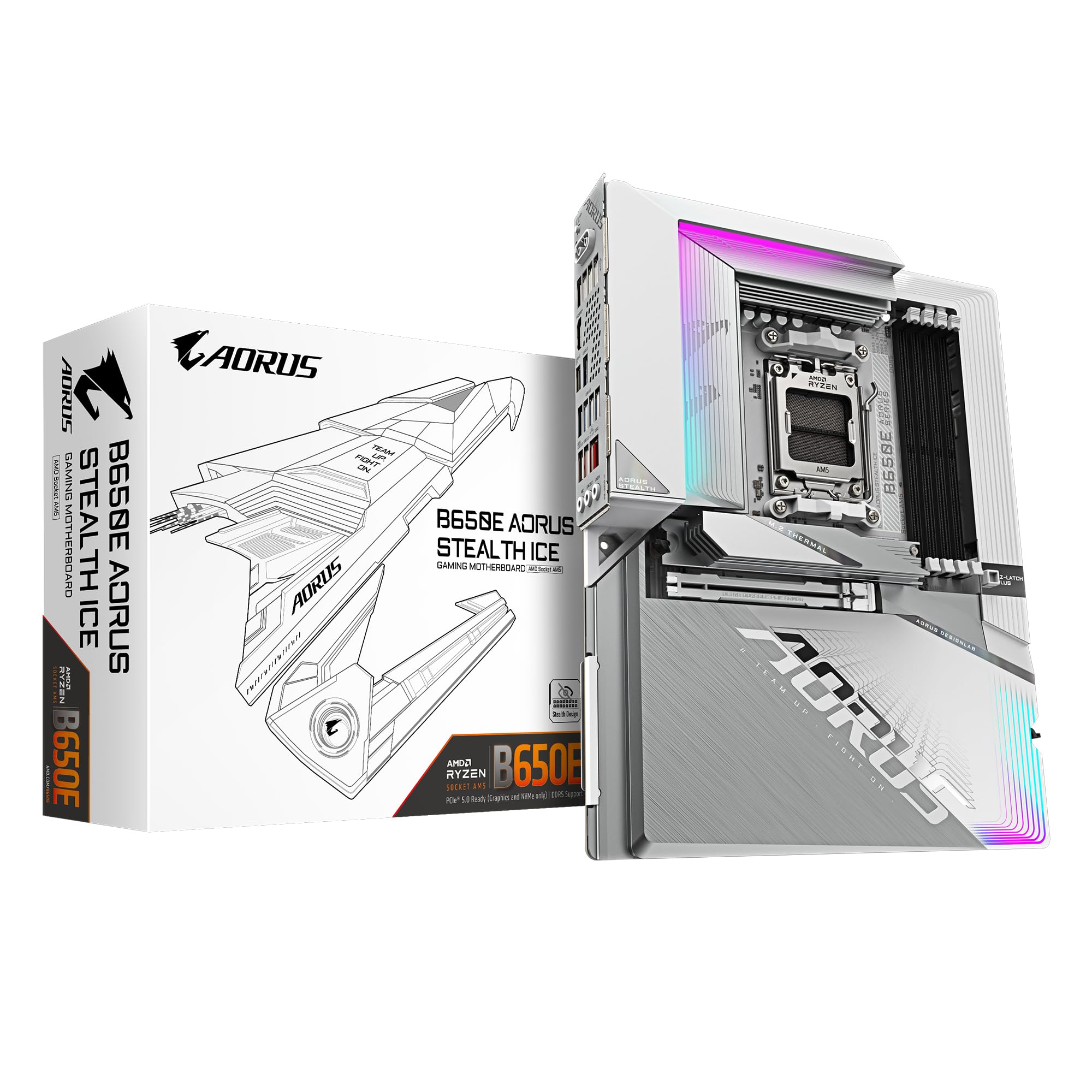 GIGABYTE B650E AORUS Stealth ICE Motherboard - Supports AMD Ryzen 9000 CPUs- 12+2+2 Phases VRM- up to 8000MHz DDR5 OC- 1xPCIe 5.0 M2 + 3xPCIe 4.0 M.2- Wi-Fi 7-2.5GbE LAN- USB 3.2 Gen 2x2 product image