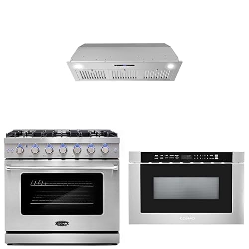 COSMO 3-Piece Kitchen Appliance Packages, 36" Insert Range Hood with Soft Touch Controls, 36" Gas Range with 6 Burners and 24" Microwave Drawer No Handle product image