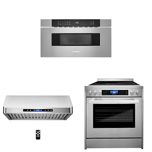 COSMO 3-Piece Kitchen Appliance Packages, 30" Microwave Drawer No Handle with Digital Controls, 30" Under Cabinet Range Hood and 30" Electric Range product image