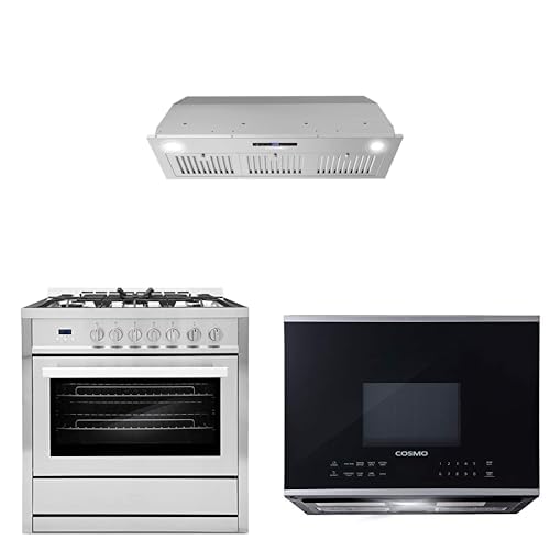 COSMO 3-Piece Kitchen Appliance Packages, 36" Insert Range Hood with Soft Touch Controls, 36" Gas Range with 5 Burner Cooktop and 24" Over the Range Microwave Oven product image